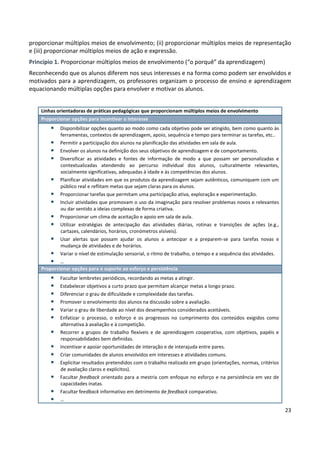 23
proporcionar múltiplos meios de envolvimento; (ii) proporcionar múltiplos meios de representação
e (iii) proporcionar múltiplos meios de ação e expressão.
Princípio 1. Proporcionar múltiplos meios de envolvimento (“o porquê” da aprendizagem)
Reconhecendo que os alunos diferem nos seus interesses e na forma como podem ser envolvidos e
motivados para a aprendizagem, os professores organizam o processo de ensino e aprendizagem
equacionando múltiplas opções para envolver e motivar os alunos.
Linhas orientadoras de práticas pedagógicas que proporcionam múltiplos meios de envolvimento
Proporcionar opções para incentivar o interesse
• Disponibilizar opções quanto ao modo como cada objetivo pode ser atingido, bem como quanto às
ferramentas, contextos de aprendizagem, apoio, sequência e tempo para terminar as tarefas, etc..
• Permitir a participação dos alunos na planificação das atividades em sala de aula.
• Envolver os alunos na definição dos seus objetivos de aprendizagem e de comportamento.
• Diversificar as atividades e fontes de informação de modo a que possam ser personalizadas e
contextualizadas atendendo ao percurso individual dos alunos, culturalmente relevantes,
socialmente significativas, adequadas à idade e às competências dos alunos.
• Planificar atividades em que os produtos da aprendizagem sejam autênticos, comuniquem com um
público real e reflitam metas que sejam claras para os alunos.
• Proporcionar tarefas que permitam uma participação ativa, exploração e experimentação.
• Incluir atividades que promovam o uso da imaginação para resolver problemas novos e relevantes
ou dar sentido a ideias complexas de forma criativa.
• Proporcionar um clima de aceitação e apoio em sala de aula.
• Utilizar estratégias de antecipação das atividades diárias, rotinas e transições de ações (e.g.,
cartazes, calendários, horários, cronómetros visíveis).
• Usar alertas que possam ajudar os alunos a antecipar e a preparem-se para tarefas novas e
mudança de atividades e de horários.
• Variar o nível de estimulação sensorial, o ritmo de trabalho, o tempo e a sequência das atividades.
• …
Proporcionar opções para o suporte ao esforço e persistência
• Facultar lembretes periódicos, recordando as metas a atingir.
• Estabelecer objetivos a curto prazo que permitam alcançar metas a longo prazo.
• Diferenciar o grau de dificuldade e complexidade das tarefas.
• Promover o envolvimento dos alunos na discussão sobre a avaliação.
• Variar o grau de liberdade ao nível dos desempenhos considerados aceitáveis.
• Enfatizar o processo, o esforço e os progressos no cumprimento dos conteúdos exigidos como
alternativa à avaliação e à competição.
• Recorrer a grupos de trabalho flexíveis e de aprendizagem cooperativa, com objetivos, papéis e
responsabilidades bem definidas.
• Incentivar e apoiar oportunidades de interação e de interajuda entre pares.
• Criar comunidades de alunos envolvidos em interesses e atividades comuns.
• Explicitar resultados pretendidos com o trabalho realizado em grupo (orientações, normas, critérios
de avaliação claros e explícitos).
• Facultar feedback orientado para a mestria com enfoque no esforço e na persistência em vez de
capacidades inatas.
• Facultar feedback informativo em detrimento de feedback comparativo.
• …
 