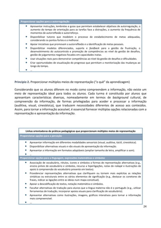 24
Proporcionar opções para a autorregulação
• Apresentar instruções, lembretes e guias que permitam estabelecer objetivos de autorregulação, o
aumento do tempo de orientação para as tarefas face a distrações, o aumento da frequência de
momentos de autorreflexão e autorreforço.
• Disponibilizar tutores que modelem o processo de estabelecimento de metas adequadas,
considerando os pontos fortes e a melhorar.
• Apoiar iniciativas que promovam a autorreflexão e a identificação de metas pessoais.
• Disponibilizar modelos diferenciados, suporte e feedback para a gestão da frustração, o
desenvolvimento do autocontrolo e promoção de competências ao nível da gestão de desafios,
gestão de julgamentos negativos focados em capacidades inatas.
• Usar situações reais para demonstrar competências ao nível da gestão de desafios e dificuldades.
• Criar oportunidades de visualização do progresso que permitam a monitorização das mudanças ao
longo do tempo.
• …
Princípio 2. Proporcionar múltiplos meios de representação (“o quê” da aprendizagem)
Considerando que os alunos diferem no modo como compreendem a informação, não existe um
meio de representação ideal para todos os alunos. Cada turma é constituída por alunos que
apresentam características diversas, nomeadamente em termos de background cultural, de
compreensão da informação, de formas privilegiadas para aceder e processar a informação
(auditiva, visual, cinestésica), que traduzem necessidades diferentes de acesso aos conteúdos.
Assim, para tornar a informação acessível, é essencial fornecer múltiplas opções relacionadas com a
representação e apresentação da informação.
Linhas orientadoras de práticas pedagógicas que proporcionam múltiplos meios de representação
Proporcionar opções para a perceção
• Apresentar informação em diferentes modalidades sensoriais (visual, auditiva, táctil, cinestésica).
• Disponibilizar alternativas visuais e não visuais de apresentação da informação.
• Apresentar a informação em formatos adaptáveis (ampliar tamanho de letra, amplificar o som).
• …
Proporcionar opções para a linguagem, expressões matemáticas e símbolos
• Associação de vocabulário, rótulos, ícones e símbolos a formas de representação alternativas (e.g.,
ensino prévio de vocabulário e símbolos, recurso a hiperligações, notas de rodapé e ilustrações de
apoio à compreensão do vocabulário presente em textos).
• Providenciar representações alternativas que clarifiquem ou tornem mais explícitas as relações
sintáticas ou estruturais entre os vários elementos de significação (e.g., destacar os conetores de
frases, indicar as ligações entre as ideias num mapa concetual).
• Apoiar a descodificação de textos, notação matemática e símbolos.
• Facultar alternativas de tradução para alunos que a língua materna não é o português (e.g., utilizar
ferramentas de tradução, incorporar apoios visuais para clarificação de vocabulário).
• Apresentar alternativas como ilustrações, imagens, gráficos interativos para tornar a informação
mais compreensível.
• …
 