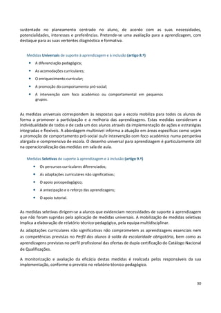 30
sustentado no planeamento centrado no aluno, de acordo com as suas necessidades,
potencialidades, interesses e preferências. Pretende-se uma avaliação para a aprendizagem, com
destaque para as suas vertentes diagnóstica e formativa.
Medidas Universais de suporte à aprendizagem e à inclusão (artigo 8.º)
• A diferenciação pedagógica;
• As acomodações curriculares;
• O enriquecimento curricular;
• A promoção do comportamento pró-social;
• A intervenção com foco académico ou comportamental em pequenos
grupos.
As medidas universais correspondem às respostas que a escola mobiliza para todos os alunos de
forma a promover a participação e a melhoria das aprendizagens. Estas medidas consideram a
individualidade de todos e de cada um dos alunos através da implementação de ações e estratégias
integradas e flexíveis. A abordagem multinível informa a atuação em áreas específicas como sejam
a promoção de comportamento pró-social ou/e intervenção com foco académico numa perspetiva
alargada e compreensiva de escola. O desenho universal para aprendizagem é particularmente útil
na operacionalização das medidas em sala de aula.
Medidas Seletivas de suporte à aprendizagem e à inclusão (artigo 9.º)
• Os percursos curriculares diferenciados;
• As adaptações curriculares não significativas;
• O apoio psicopedagógico;
• A antecipação e o reforço das aprendizagens;
• O apoio tutorial.
As medidas seletivas dirigem-se a alunos que evidenciam necessidades de suporte à aprendizagem
que não foram supridas pela aplicação de medidas universais. A mobilização de medidas seletivas
implica a elaboração de relatório técnico-pedagógico, pela equipa multidisciplinar.
As adaptações curriculares não significativas não comprometem as aprendizagens essenciais nem
as competências previstas no Perfil dos alunos à saída da escolaridade obrigatória, bem como as
aprendizagens previstas no perfil profissional das ofertas de dupla certificação do Catálogo Nacional
de Qualificações.
A monitorização e avaliação da eficácia destas medidas é realizada pelos responsáveis da sua
implementação, conforme o previsto no relatório técnico-pedagógico.
 