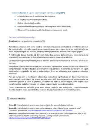 31
Medidas Adicionais de suporte à aprendizagem e à inclusão (artigo 10.º)
• A frequência do ano de escolaridade por disciplinas;
• As adaptações curriculares significativas;
• O plano individual de transição;
• O desenvolvimento de metodologias e estratégias de ensino estruturado;
• O desenvolvimento de competências de autonomia pessoal e social.
Para uma melhor compreensão…
Disciplinas refere-se igualmente a módulos/UFCD.
As medidas adicionais têm como objetivo colmatar dificuldades acentuadas e persistentes ao nível
da comunicação, interação, cognição ou aprendizagem que exigem recursos especializados de
apoio à aprendizagem e à inclusão, devendo ser explicitadas no relatório técnico-pedagógico.
A mobilização destas medidas só deve ser efetuada depois da demonstração, fundamentada no
relatório técnico-pedagógico, da insuficiência das medidas universais e seletivas.
Os responsáveis pela implementação das medidas adicionais monitorizam e avaliam a eficácia das
mesmas.
Sempre que sejam propostas adaptações curriculares significativas, ou seja, as que têm impacto nas
competências e nas aprendizagens a desenvolver no quadro dos documentos curriculares em vigor,
implicando a introdução de outras substitutivas, deve ser elaborado um programa educativo
individual.
Para os alunos com as medidas (i) adaptações curriculares significativas; (ii) desenvolvimento de
metodologias e estratégias de ensino estruturado e (iii) desenvolvimento de competências de
autonomia pessoal e social é garantida, no centro de apoio à aprendizagem, uma resposta que
complemente o trabalho realizado em sala de aula ou noutro contexto educativo.
Como anteriormente referido, para estes alunos poderão ser mobilizadas, cumulativamente,
medidas dos três níveis apresentados, ou ainda de algumas medidas de forma temporária.
Recursos indicativos
Anexo 13 – Exemplo de instrumento para documentação das acomodações curriculares.
Anexo 14 – Exemplo de instrumento para análise da sala de aula – O que procurar na sala de aula?
Traduzido e adaptado de: http://www.wholeschooling.net/InclTchingWeb/SLC/11/11txt.html
Anexo 15 – Exemplo de instrumento para planificação de aulas (construído com base em: UNESCO (2015).
Embracing Diversity: Toolkit for Creating Inclusive, Learning-Friendly Environments.
http://unesdoc.unesco.org/images/0013/001375/137522e.pdf
 