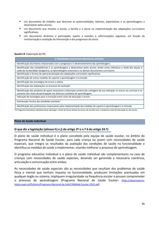 36
• Um documento de trabalho que descreve as potencialidades, talentos, expectativas e as aprendizagens a
desenvolver pelos alunos;
• Um documento que envolve a escola, a família e o aluno na implementação das adaptações curriculares
significativas;
• Um documento dinâmico e participado, sujeito a revisões e reformulações regulares, em função da
monitorização e avaliação da intervenção e dos progressos do aluno.
Quadro 8: Elaboração do PEI
O PROGRAMA EDUCATIVO INDIVIDUAL INTEGRA:
Identificação dos fatores relacionados com o progresso e o desenvolvimento das aprendizagens
Identificação das competências e as aprendizagens a desenvolver pelos alunos, tendo como referência o Perfil dos alunos à
saída da escolaridade obrigatória, as Aprendizagens essenciais e os demais documentos curriculares
Identificação e formas de operacionalização das adaptações curriculares significativas
Identificação de outras medidas de suporte à aprendizagem e à inclusão
Identificação das estratégias de ensino a adotar
Identificação das adaptações no processo de avaliação
Identificação dos produtos de apoio necessários e descrição sumária das vantagens da sua utilização no acesso ao currículo e no
aumento dos níveis de participação nos diversos contextos de aprendizagem
Indicação de estratégias para a transição entre ciclos de educação e ensino
Distribuição horária das atividades previstas
*
Identificação dos profissionais responsáveis pela implementação das medidas de suporte à aprendizagem e à inclusão
*O Programa Educativo Individual deve abranger o total de horas letivas do aluno, de acordo com o respetivo nível de educação ou de ensino.
Plano de Saúde Individual
O que diz a legislação (alíneas h) e j) do artigo 2º e n.º 6 do artigo 24.º)
O plano de saúde individual é o plano concebido pela equipa de saúde escolar, no âmbito do
Programa Nacional de Saúde Escolar, para cada criança ou jovem com necessidades de saúde
especiais, que integra os resultados da avaliação das condições de saúde na funcionalidade e
identifica as medidas de saúde a implementar, visando melhorar o processo de aprendizagem.
O programa educativo individual e o plano de saúde individual são complementares no caso de
crianças com necessidades de saúde especiais, devendo ser garantida a necessária coerência,
articulação e comunicação entre ambos.
As necessidades de saúde especiais são as necessidades que resultam dos problemas de saúde
física e mental que tenham impacto na funcionalidade, produzam limitações acentuadas em
qualquer órgão ou sistema, impliquem irregularidade na frequência escolar e possam comprometer
o processo de aprendizagem (Programa Nacional de Saúde Escolar: https://observatorio-
lisboa.eapn.pt/ficheiro/Programa-Nacional-de-Sa%C3%BAde-Escolar-2015.pdf .
 