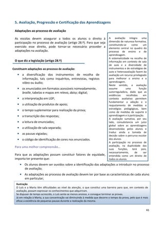 41
5. Avaliação, Progressão e Certificação das Aprendizagens
Adaptações ao processo de avaliação
As escolas devem assegurar a todos os alunos o direito à
participação no processo de avaliação (artigo 28.º). Para que seja
exercido esse direito, pode tornar-se necessário proceder a
adaptações na avaliação.
O que diz a legislação (artigo 28.º)
Constituem adaptações ao processo de avaliação:
• a diversificação dos instrumentos de recolha de
informação, tais como inquéritos, entrevistas, registos
vídeo ou áudio;
• os enunciados em formatos acessíveis nomeadamente,
braille, tabelas e mapas em relevo, daisy; digital;
• a interpretação em LGP;
• a utilização de produtos de apoio;
• o tempo suplementar para realização da prova;
• a transcrição das respostas;
• a leitura de enunciados;
• a utilização de sala separada;
• as pausas vigiadas;
• o código de identificação de cores nos enunciados.
Para uma melhor compreensão…
Para que as adaptações possam constituir fatores de equidade,
importa ter presente que:
• Os alunos devem ser ouvidos sobre a identificação das adaptações a introduzir no processo
de avaliação;
• As adaptações ao processo de avaliação devem ter por base as características de cada aluno
em particular;
A avaliação integra uma
dimensão de natureza formativa,
constituindo-se como um
elemento central no quadro do
processo de ensino e de
aprendizagem.
A sistematicidade na recolha de
informação em contexto de sala
de aula e a diversidade de
instrumentos e de estratégias de
auto e heteroavaliação fazem da
avaliação um recurso privilegiado
para melhorar o ensino e a
aprendizagem.
Neste sentido, a avaliação
assume uma função
autorreguladora, dado que as
evidências recolhidas em
contexto avaliativo permitem
fundamentar a adoção e o
reajustamento de medidas e
estratégias pedagógicas, bem
como de medidas de suporte à
aprendizagem e à participação.
A avaliação sumativa, por seu
lado, consubstancia um juízo
global sobre as aprendizagens
desenvolvidas pelos alunos e
traduz ainda a tomada de
decisão sobre o percurso escolar
dos alunos.
A participação no processo de
avaliação, na duplicidade das
suas funções, terá pois,
necessariamente, de ser
entendida como um direito de
todos os alunos.
Ilustração
O Luís e a Marta têm dificuldades ao nível da atenção, o que constitui uma barreira para que, em contexto de
avaliação, possam expressar os conhecimentos que adquiriram.
Se dispuser de tempo acrescido, o Luís sente-se menos ansioso, e consegue terminar as provas.
Já em relação à Marta, a sua concentração vai diminuindo à medida que decorre o tempo da prova, pelo que é mais
eficaz a existência de pequenas pausas durante a realização da mesma.
 