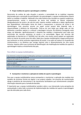 46
 Propor medidas de suporte à aprendizagem a mobilizar
Decorrente da análise de cada situação e perante a necessidade de se mobilizar respostas
direcionadas para a promoção da participação e da aprendizagem, a equipa multidisciplinar deverá
definir as medidas a mobilizar. Adotando uma visão holística que considera os aspetos académicos,
comportamentais, sociais e emocionais do aluno mas também os fatores ambientais
(designadamente da escola e da sala de aula), importa recolher evidências e dados significativos
que disponibilizem informações claras de modo a reequacionar o processo de ensino e de
aprendizagem. Este processo assume um papel crucial porque dele depende toda a
sequencialidade e dinâmica da intervenção. Trata-se de uma etapa que obriga cada um dos
elementos a partilhar saberes e a reforçar a abordagem inclusiva. Da dinâmica conseguida nesta
etapa, vai depender, significativamente, o desenho das medidas a implementar para cada caso
recorrendo aos recursos existentes na escola e na comunidade. Alguns dos recursos são
explicitados no Decreto-Lei n.º 54/2018, de 6 de julho, mas muitos outros podem ser explorados
tanto no interior da escola como fora dela. Dado que a equipa multidisciplinar integra profissionais
que conhecem as várias vertentes organizativas da escola, a sua ação vai traduzir-se na gestão dos
conhecimentos e na dinâmica que consiga imprimir para o desenvolvimento de uma escola
inclusiva. Importa referir que o processo de identificação e de mobilização de medidas de suporte à
aprendizagem implica o envolvimento dos pais.
Para refletir na equipa multidisciplinar…
 Acompanhar e monitorizar a aplicação de medidas de suporte à aprendizagem
Para que a equipa multidisciplinar possa acompanhar e monitorizar a aplicação das medidas tem
também de encontrar formas de regular o seu próprio trabalho. Um processo de monitorização
obriga à existência de instrumentos e de mecanismos facilitadores que rotineiramente compilem
informação relevante para a tomada de decisões.
É importante que a equipa multidisciplinar pondere sobre a sua intervenção numa perspetiva de
autoavaliação e sobre todo o processo de implementação das medidas de suporte à aprendizagem
que são elencadas para cada aluno.
Que elementos variáveis da equipa multidisciplinar participam no processo de avaliação da situação A?
Quem orienta a reunião da situação A?
Dispomos de evidências para tomar uma decisão?
Precisamos de mais dados? Quais?
Quem os solicita?
Quem recolhe os dados?
Quais os instrumentos a utilizar para a recolha dos dados?
…
 