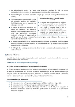 55
• As aprendizagens devem ser feitas nos ambientes naturais de vida do aluno,
designadamente no contexto da sala de aula e restantes ambientes escolares;
• As aprendizagens devem ser realizadas, sempre que possível, em conjunto com os outros
alunos;
• Sempre que a sua especificidade o exija,
as atividades podem ser realizadas
individualmente, com o docente de
educação especial;
• A função de apoio aos docentes, por
parte do professor de educação
especial, na definição de adaptações ao
nível das estratégias, atividades,
materiais e formas de organização e
gestão da sala de aula, revela-se fundamental para a aprendizagem dos alunos que
apresentam problemas de visão;
• A identificação e definição de adaptações ao currículo deve, igualmente, ser realizada em
estreita colaboração entre o professor de educação especial e os professores responsáveis
pelas diferentes disciplinas;
• A definição das adaptações necessárias deve ter por base os resultados da avaliação da
visão funcional.
Recursos indicativos:
Anexo 24 – Exemplos de estratégias de organização e gestão da sala de aula – a sua implementação deve decorrer dos
resultados de avaliação da visão funcional.
7.2.3 Escolas de referência para a educação bilingue
As escolas de referência enquanto recursos específicos de apoio
As escolas de referência para a educação bilingue constituem um recurso organizacional específico
de apoio à aprendizagem e à inclusão, visando a implementação de um modelo de educação
bilingue, garante do crescimento linguístico, do acesso ao currículo nacional comum e à inclusão
escolar e social de crianças e jovens surdos, assegurando, nomeadamente:
O que diz a legislação (artigo 15.º)
• O desenvolvimento da língua gestual portuguesa (LGP) como primeira língua (L1);
• O desenvolvimento da língua portuguesa escrita como segunda língua (L2);
• A criação de espaços de reflexão e formação, incluindo na área da LGP, numa perspetiva de
trabalho colaborativo entre os diferentes profissionais, as famílias e a comunidade
educativa em geral.
Linhas orientadoras para a avaliação da visão
funcional
• A avaliação deve ser desenvolvida nos ambientes
de vida do aluno e incidir nas suas rotinas diárias;
• A participação da família, pelas informações de
que dispõe, é essencial para o rigor e
autenticidade dos resultados da avaliação;
• As Equipas das Consultas de Baixa Visão podem
constituir um recurso valioso no apoio à
realização da avaliação da visão funcional.
 