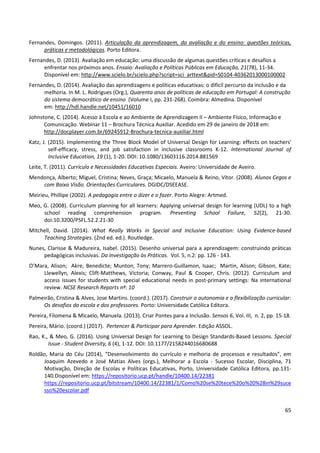 65
Fernandes, Domingos. (2011). Articulação da aprendizagem, da avaliação e do ensino: questões teóricas,
práticas e metodológicas. Porto Editora.
Fernandes, D. (2013). Avaliação em educação: uma discussão de algumas questões críticas e desafios a
enfrentar nos próximos anos. Ensaio: Avaliação e Políticas Públicas em Educação, 21(78), 11-34.
Disponível em: http://www.scielo.br/scielo.php?script=sci_arttext&pid=S0104-40362013000100002
Fernandes, D. (2014). Avaliação das aprendizagens e políticas educativas: o difícil percurso da inclusão e da
melhoria. In M. L. Rodrigues (Org.), Quarenta anos de políticas de educação em Portugal: A construção
do sistema democrático de ensino (Volume I, pp. 231-268). Coimbra: Almedina. Disponível
em: http://hdl.handle.net/10451/16010
Johnstone, C. (2014). Acesso à Escola e ao Ambiente de Aprendizagem II – Ambiente Físico, Informação e
Comunicação. Webinar 11 – Brochura Técnica Auxiliar. Acedido em 29 de janeiro de 2018 em:
http://docplayer.com.br/69245912-Brochura-tecnica-auxiliar.html
Katz, J. (2015). Implementing the Three Block Model of Universal Design for Learning: effects on teachers'
self-efficacy, stress, and job satisfaction in inclusive classrooms K-12. International Journal of
Inclusive Education, 19 (1), 1-20. DOI: 10.1080/13603116.2014.881569
Leite, T. (2011). Currículo e Necessidades Educativas Especiais. Aveiro: Universidade de Aveiro.
Mendonça, Alberto; Miguel, Cristina; Neves, Graça; Micaelo, Manuela & Reino, Vítor. (2008). Alunos Cegos e
com Baixa Visão. Orientações Curriculares. DGIDC/DSEEASE.
Meirieu, Phillipe (2002). A pedagogia entre o dizer e o fazer. Porto Alegre: Artmed.
Meo, G. (2008). Curriculum planning for all learners: Applying universal design for learning (UDL) to a high
school reading comprehension program. Preventing School Failure, 52(2), 21-30.
doi:10.3200/PSFL.52.2.21-30
Mitchell, David. (2014). What Really Works in Special and Inclusive Education: Using Evidence-based
Teaching Strategies. (2nd ed. ed.). Routledge.
Nunes, Clarisse & Madureira, Isabel. (2015). Desenho universal para a aprendizagem: construindo práticas
pedagógicas inclusivas. Da Investigação às Práticas. Vol. 5, n.2: pp. 126 - 143.
O’Mara, Alison; Akre, Benedicte; Munton, Tony; Marrero-Guillamon, Isaac; Martin, Alison; Gibson, Kate;
Llewellyn, Alexis; Clift-Matthews, Victoria; Conway, Paul & Cooper, Chris. (2012). Curriculum and
access issues for students with special educational needs in post-primary settings: Na international
review. NCSE Research Reports nº: 10
Palmeirão, Cristina & Alves, Jose Martins. (coord.). (2017). Construir a autonomia e a flexibilização curricular:
Os desafios da escola e dos professores. Porto: Universidade Católica Editora.
Pereira, Filomena & Micaelo, Manuela. (2013). Criar Pontes para a Inclusão. Sensos 6, Vol. III, n. 2, pp. 15-18.
Pereira, Mário. (coord.) (2017). Pertencer & Participar para Aprender. Edição ASSOL.
Rao, K., & Meo, G. (2016). Using Universal Design for Learning to Design Standards-Based Lessons. Special
Issue - Student Diversity, 6 (4), 1-12. DOI: 10.1177/2158244016680688
Roldão, Maria do Céu (2014), “Desenvolvimento do currículo e melhoria de processos e resultados”, em
Joaquim Azevedo e José Matias Alves (orgs.), Melhorar a Escola - Sucesso Escolar, Disciplina, 71
Motivação, Direção de Escolas e Políticas Educativas, Porto, Universidade Católica Editora, pp.131-
140.Disponível em: https://repositorio.ucp.pt/handle/10400.14/22381
https://repositorio.ucp.pt/bitstream/10400.14/22381/1/Como%20se%20tece%20o%20%28in%29suce
sso%20escolar.pdf
 