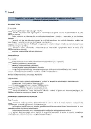 73
Anexo 3
O que já fez a sua escola para criar um ambiente inclusivo e amigável da aprendizagem?
Lista de verificação de Autoavaliação
POLÍTICAS DE ESCOLA
A sua escola:
_____ tem uma política clara sobre educação inclusiva;
_____ trabalha em parceria com organizações da comunidade que apoiam a escola na implementação de uma
educação inclusiva;
_____ revela evidências de que a direção e os professores compreendem a natureza e a importância de uma educação
inclusiva;
_____ fez uma lista das barreiras que impedem a escola de desenvolver um ambiente inclusivo e amigável da
aprendizagem e uma lista com formas de ultrapassar essas barreiras;
_____ permite aos seus docentes flexibilidade para procurarem e implementarem métodos de ensino inovadores que
ajudem as crianças a aprender;
_____ relaciona-se com a comunidade, é responsiva às suas necessidades e proporciona “trocas de ideias” para
despoletar práticas inclusivas;
_____ responde às necessidades dos seus profissionais.
AMBIENTE ESCOLAR
A sua escola:
_____ tem os apoios necessários, bem como mecanismos de monitorização e supervisão;
_____ as instalações da escola são acessíveis;
_____ existe um ambiente saudável e acolhedor;
_____ serve e/ou vende alimentos saudáveis e nutritivos;
_____ tem profissionais especializados que apoiam os docentes, restante comunidade educativa, pais e alunos;
_____ o enfoque é colocado no trabalho em equipa entre professores e alunos.
CAPACIDADES, CONHECIMENTOS E ATITUDES DOS PROFESSORES
Os professores:
_____ conseguem explicar o significado de educação “inclusiva” e “amigável da aprendizagem”, dando exemplos;
_____ acreditam que TODOS os alunos podem aprender;
_____ têm elevadas expectativas em relação a TODOS os alunos;
_____ encorajam TODOS os alunos a terminar a escolaridade;
_____ conhecem os recursos disponíveis para apoiar os alunos;
_____ conseguem identificar e corrigir preconceitos culturais e relativos ao género nos materiais pedagógicos, no
ambiente escolar e nas suas próprias práticas de ensino.
DESENVOLVIMENTO PROFISSIONAL DOS PROFESSORES
Os professores:
_____ frequentam workshops sobre o desenvolvimento de salas de aula e de escolas inclusivas e amigáveis da
aprendizagem, recebendo regularmente formação avançada;
_____ organizam encontros com outros docentes, pais e elementos da comunidade sobre o desenvolvimento de salas
de aula inclusivas e amigáveis da aprendizagem;
_____ recebem apoio continuado com o objetivo de melhorar o domínio dos conteúdos disciplinares;
_____ recebem apoio continuado com o objetivo de desenvolver estratégias de ensino e materiais pedagógicos
relacionados com ambientes inclusivos e amigáveis da aprendizagem;
 