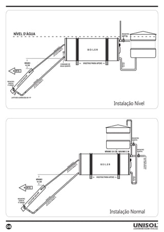 NÍVEL D’ÁGUA                                                                                                                                                       REGISTRO
                                                                                                                                                                          GAVETA




                                                                                                  TE
                                                                                               EN       S
                                                                                                QU    RE %
                                                                                          UA        TO A 3
                                                                                                 LE IM                                  BOILER
                                                                                       ÁG     CO ÍN
                                                                                             S OM
                                                                                           DO Ã
                                                                                         M AÇ
                                                                                      VE LIN
                                                                                         C
                                                                                      IN




                                                                                                                                                                          MÍNIMO
                         MÍNIMO                                                                                                     VIGOTAS PARA APOIO




                                                                                                                                                                          50 CM
                                                                                                     CONSUMO DE
                         10 CM                                                                       ÁGUA QUENTE

       NORTE

                             R
                          LA
                        SO                         FR
                                                      IA         S
                                                               RE 3%
REGISTRO            R                         UA
                                                            TO A
                   O                        ÁG
                                                          LE NIM
 GAVETA
                LET                                     CO Í
                                                     A OM
P/ DRENO                                          AR ÇÃ
             O                                 IP A
            C                               VA LIN
                                                C
                                             IN




     LATITUDE ACRESCIDA DE 15º



                                                                                                                                                                  Instalação Nível




                                                                                                                                                                                     REGISTRO
                                                                                                                                                                                     GAVETA




                                                                                                                                                                                               REGISTRO
                                                                                                                                                         MÍNIMO 20 CM / MÁXIMO 2 M             GAVETA
                                                                                                                                                                                                      ÁGUA QUENTE
                                                                                                                                                                                                      CONSUMO DE




                                                                                                                         TE
                                                                                                                      EN       S
                                                                                                                     QU      RE %
                                                                                                                           TO A 3
                                                                                                                                                    BOILER
                                                                                                                UA      LE IM
                                                                                                             ÁG       CO MÍN
                                                                                                                    S O
                                                                                                                  DO ÇÃ
                                                                                                                M A
                                                                                                             VE LIN
                                                                                                                C
                                                                                                             IN
                                                                                                                                                                                      MÍNIMO




                                                                                                                                                VIGOTAS PARA APOIO
                                                                                                                                                                                      50 CM




                                                   MÍNIMO
                                                   10 CM

                        NORTE

                                                       R
                                                   LA
                                              SO                               IA
                                                                              FR
                                                                                          S
                                                                                        RE 3%
             REGISTRO                     R                              UA
                                                                                     TO A
              GAVETA                   TO                              ÁG
                                                                                   LE NIM
                                                                                 CO MÍ
             P/ DRENO                LE                                       RA ÃO
                                                                             A Ç
                                  O                                       IP A
                                 C                                     VA LIN
                                                                           C
                                                                        IN




                                                                                                                                                              Instalação Normal

08
 