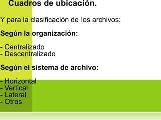 Cuadros de ubicación.
Y para la clasificación de los archivos:
Según la organización:
- Centralizado
- Descentralizado
Según el sistema de archivo:
- Horizontal
- Vertical
- Lateral
- Otros
 