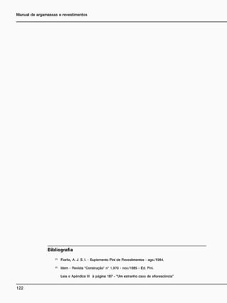 B i b l i o g r a f i a
(,)
Fiorito, A. J. S. I. - Suplemento Pini de Revestimentos - ago./1984.
Idem - Revista "Construção" n° 1.970 - nov./1985 - Ed. Pini.
Leia o Apêndice III à página 187 - "Um estranho caso de eflorescência"
 