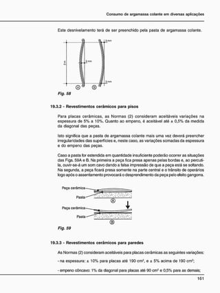 Este desnivelamento terá de ser preenchido pela pasta de argamassa colante.
Fig. 58
19.3.2 - Revestimentos cerâmicos para pisos
Para placas cerâmicas, as Normas (2) consideram aceitáveis variações na
espessura de 5% a 10%. Quanto ao empeno, é aceitável até ± 0,5% da medida
da diagonal das peças.
Isto significa que a pasta de argamassa colante mais uma vez deverá preencher
irregularidades das superfícies e, neste caso, as variações somadas da espessura
e do empeno das peças.
Caso a pasta for estendida em quantidade insuficiente poderão ocorrer as situações
das Figs. 59A e B. Na primeira a peça fica presa apenas pelas bordas e, ao percuti-
la, ouvir-se-á um som cavo dando a falsa impressão de que a peça está se soltando.
Na segunda, a peça ficará presa somente na parte central e o trânsito de operários
logo após o assentamento provocará o desprendimento da peça pelo efeito gangorra.
Peça
Fig. 59
19.3.3 - Revestimentos cerâmicos para paredes
As Normas (2) consideram aceitáveis para placas cerâmicas as seguintes variações:
- na espessura: ± 10% para placas até 190 cm2
, e ± 5% acima de 190 cm2
;
- empeno côncavo: 1% da diagonal para placas até 90 cm2
e 0,5% para as demais;
Peça cer;
( D
 