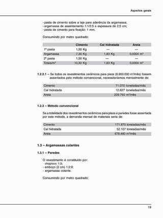 - pasta de cimento sobre a laje para aderência da argamassa;
-argamassa de assentamento 1:1/2:5 e espessura de 2,5 cm;
- pasta de cimento para fixação: 1 mm.
Consumindo por metro quadrado:
Cimento Cal hidratada Areia
1a
pasta 1,50 Kg — —
Argamassa 7,30 Kg 1,83 Kg 0,0304 m3
23
pasta 1.50 Kg — —
Totais/m2
10,30 Kg 1,83 Kg 0,0304 m3
1.2.2.1 - Se todos os revestimentos cerâmicos para pisos (6.900.000 m?
/mês) fossem
assentados pelo método convencional, necessitaríamos mensalmente de:
Cimento 71.070 toneladas/mês
Cal hidratada 12.627 toneladas/mês
Areia 209.760 m3
/mês
1.2.3 - Método convencional
Se a totalidade dos revestimentos cerâmicos para pisos e paredes fosse assentada
por este método, a demanda mensal de materiais seria de:
Cimento 171.870 toneladas/mês
Cal hidratada 52.107 toneladas/mês
Areia 678.480 m3
/mês
- A r g a m a s s a s c o l a n t e s
1 - Paredes
O revestimento é constituído por:
- chapicco 1:3;
- emboço (2 cm) 1:2:9;
- argamassa colante.
Consumindo por metro quadrado:
 
