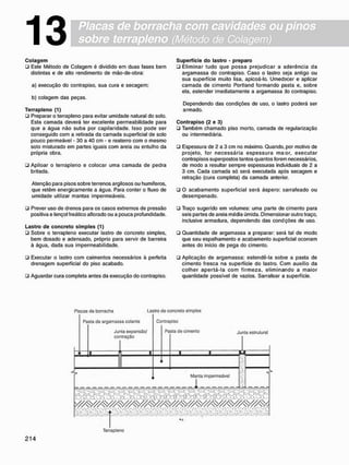 Placas de borracha com cavidades ou pinos
sobre terrapleno (Método de Colagem)
13
C o l a g e m
• Este Método de Colagem é dividido em duas fases bem
distintas e de alto rendimento de mão-de-obra:
a) execução do contrapiso, sua cura e secagem;
b) colagem das peças.
T e r r a p l e n o (1)
• Preparar o terrapleno para evitar umidade natural do solo.
Esta camada deverá ter excelente permeabilidade para
que a água não suba por capilaridade. Isso pode ser
conseguido com a retirada da camada superficial de solo
pouco permeável - 30 a 40 cm - e reaterro com o mesmo
solo misturado em partes iguais com areia ou entulho da
própria obra.
• Apiloar o terrapleno e colocar uma camada de pedra
britada.
Atenção para pisos sobre terrenos argilosos ou humíferos,
que retêm energicamente a água. Para conter o fluxo de
umidade utilizar mantas impermeáveis.
• Prever uso de drenos para os casos extremos de pressão
positiva e lençol freático aflorado ou a pouca profundidade.
L a s t r o d e c o n c r e t o s i m p l e s (1)
• Sobre o terrapleno executar lastro de concreto simples,
bem dosado e adensado, próprio para servir de barreira
à água. dada sua impermeabilidade.
• Executar o lastro com caimentos necessários à perfeita
drenagem superficial do piso acabado.
• Aguardar cura completa antes da execução do contrapiso.
S u p e r f í c i e d o l a s t r o - p r e p a r o
• Eliminar tudo que possa prejudicar a aderência da
argamassa do contrapiso. Caso o lastro seja antigo ou
sua superfície muito lisa, apicoá-lo. Umedacer e aplicar
camada de cimento Portland formando pasta e, sobre
ela, estender imediatamente a argamassa do contrapiso.
Dependendo das condições de uso, o lastro poderá ser
armado.
C o n t r a p i s o ( 2 e 3 )
• Também chamado piso morto, camada de regularização
ou intermediária.
• Espessura de 2 a 3 cm no máximo. Quando, por motivo de
projeto, for n e c e s s á r i a e s p e s s u r a m a o r , executar
contrapisos superpostos tantos quantos forem necessários,
de modo a resultar sempre espessuras individuais de 2 a
3 cm. Cada camada só será executada após secagem e
retração (cura completa) da camada anterior.
• O acabamento superficial será áspero: sarrafeado ou
desempenado.
• Traço sugerido em volumes: uma parte de cimento para
seis partes de areia média úmida. Dimensionar outro traço,
inclusive armadura, dependendo das condções de uso.
• Quantidade de argamassa a preparar: será tal de modo
que seu espalhamento e acabamento superficial ocorram
antes do início de pega do cimento.
• Aplicação de argamassa: estendê-la sobre a pasta de
cimento fresca na superfície do lastro. Com auxílio da
c o l h e r a p e r t á - l a c o m f i r m e z a , e l i m i n a n d o a m a i o r
quantidade possível de vazios. Sarrafear a superfície.
Placas de borracha Lastro de concreto simples
Pasta de argamas
Ju
co
sa colante
ita expansão/
itração
Ccmtra
Pa
piso
sta de cimento J u n t a estrutural
• 1 Kl 1
•
[ J Manta impermeável
1
Terrapleno
 
