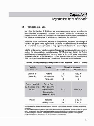 Argamassa para alvenaria
4.1 - C o m p o s i ç õ e s e u s o s
No início do Capítulo 3 definimos as argamassas como sendo a mistura de
aglomerantes e agregados minerais com água, possuindo capacidade de
endurecimento e aderência. Entendemos que esta definição é abrangente podendo
ser adotada também para as argamassas destinadas às alvenarias.
Nos livros sobre construções, tabelas de composições, cadernos de encargos e
literatura em geral sobre argamassas utilizadas no assentamento de elementos
das alvenarias, há uma profusão de traços geralmente transmitidos pela tradição.
Não há ainda normas brasileiras específicas para argamassas utilizadas em alve-
narias. Em contrapartida, encontramos na ASTM-American Society for Testing
and Materials diversas Normas, entre as quais a C 270-82 sobre argamassas
para Alvenaria (Mortar for Unit Masonry). Esta Norma indica, em um Anexo, quatro
tipos de argamassas destinadas a alvenarias portantes e não-porlantes.
Quadro 8 - Guia para seleção de argamassas para alvenaria ( ASTM - C 270-82)
Posição Função Tipo de argamassa
da alvenaria Recomendada Alternativa
Exterior de • Portante N Sou M
elevação • Não-portante O (2) K ou S
• Parapeitos N S
Exterior, no nível Fundações
ou abaixo do nível Muro de arrimo
do solo Poços-Galerias S(3) M ou n (3)
Calçamentos
Passeios-Pátios
Interior • Portante N S ou M
• Não-portante 0 S ou N
(1) Esta tabela não indica argamassas para fins especiais, como chaminés, alvenaria armada ou argamassas
antiácidas.
(2) Tipo "O" é recomendada para uso onde não há probabilidade de congelamento, quando saturada de água ou
não há probabilidade de a alvenaria estar sujeita ã ação do vento ou outras cargas laterais significativas.
(3) Alvenaria exposta ao tempo, nas superfícies horizontais, ó extremamente vulnerável às intempéries.
A argamassa para tais casos deverá ser especificada com maior atenção.
 