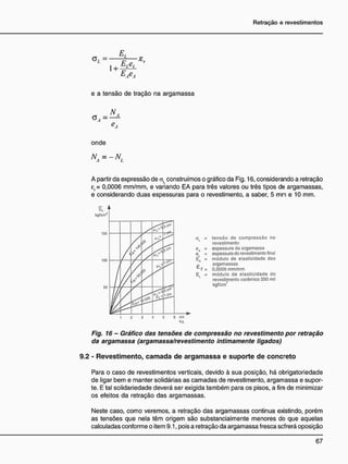 E,
= ' é -£
r
l+f*
E
Ae
A
e a tensão de tração na argamassa
N.
o , =
*a
onde
N
a = ~ N
l
A partir da expressão de oL construímos o gráfico da Fig. 16, considerando a retração
er= 0,0006 mm/mm, e variando EA para três valores ou três tipos de argamassas,
e considerando duas espessuras para o revestimento, a saber, 5 mm e 10 mm.
< =
o* =
k :
£ r =
=
tensão de compressão no
revestimento
espessura da argamassa
espessura do revestimento final
módulo de elasticidade das
argamassas
0.0006 mm/mm
módulo de elasticidade do
revestimento cerâmico 350 mil
kgf/cm
Fig. 16 - Gráfico das tensões de compressão no revestimento por retração
da argamassa (argamassa/revestimento intimamente ligados)
9.2 - R e v e s t i m e n t o , c a m a d a d e a r g a m a s s a e s u p o r t e d e c o n c r e t o
Para o caso de revestimentos verticais, devido à sua posição, há obrigatoriedade
de ligar bem e manter solidárias as camadas de revestimento, argamassa e supor-
te. E tal solidariedade deverá ser exigida também para os pisos, a fim de minimizar
os efeitos da retração das argamassas.
Neste caso, como veremos, a retração das argamassas continua existindo, porém
as tensões que nela têm origem são substancialmente menores do que aquelas
calculadas conforme o item 9.1, pois a retração da argamassa fresca scfrerá oposição
 