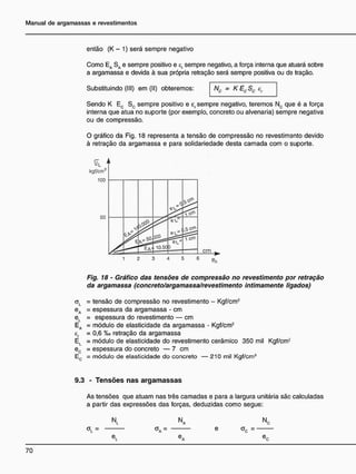então (K - 1) será sempre negativo
Como EA Sa e sempre positivo e C
F sempre negativo, a força interna que atuará sobre
a argamassa e devida à sua própria retração será sempre positiva ou de tração.
Substituindo (III) em (II) obteremos: Nc = KEcScc,
Sendo K Ec Sc sempre positivo e er sempre negativo, teremos Nc que é a força
interna que atua no suporte (por exemplo, concreto ou alvenaria) sempre negativa
ou de compressão.
O gráfico da Fig. 18 representa a tensão de compressão no revestimanto devido
à retração da argamassa e para solidariedade desta camada com o suporte.
Fig. 18 - Gráfico das tensões de compressão no revestimento por retração
da argamassa (concreto/argamassa/revestimento intimamente ligados)
o.
C
r
E,
= tensão de compressão no revestimento - Kgf/cm2
= espessura da argamassa - cm
= espessura do revestimento — cm
= módulo de elasticidade da argamassa - Kgf/cm2
= 0,6 %o retração da argamassa
= módulo de elasticidade do revestimento cerâmico 350 mil Kgf/cm;
= espessura do concreto — 7 cm
= módulo de elasticidade do concreto — 210 mil Kgf/cm2
9.3 - T e n s õ e s n a s a r g a m a s s a s
As tensões que atuam nas três camadas e para a largura unitária são calculadas
a partir das expressões das forças, deduzidas como segue:
N. N. N,
=
 