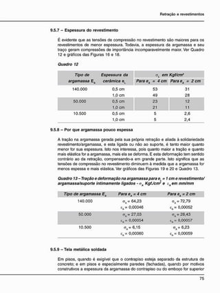 9.5.7 - Espessura do revestimento
É evidente que as tensões de compressão no revestimento são maiores para os
revestimentos de menor espessura. Todavia, a espessura da argamassa e seu
traço geram compressões de importância incomparavelmente maior. Ver Quadro
12 e gráficos das Figuras 16 e 18.
Quadro 12
Tipo de Espessura da em Kgf/cm2
argamassa EA cerâmica eL Para eA = 4 cm Para eA = 2 cm
140.000 0,5 cm 53 31
1,0 cm 49 28
50.000 0,5 cm 23 12
1,0 cm 21 11
10.500 0,5 cm 5 2,6
1,0 cm 5 2,4
9.5.8 - Por que argamassa pouco espessa
A tração na argamassa gerada pela sua própria retração e aliada à solidariedade
revestimento/argamassa, e esta ligada ou não ao suporte, é tanto maior quanto
menor for sua espessura. Isto nos interessa, pois quanto maior a tração e quanto
mais elástica for a argamassa, mais ela se deforma. E esta deformação tem sentido
contrário ao da retração, compensando-a em grande parte. Isto significa que as
tensões de compressão no revestimento diminuem à medida que a argamassa for
menos espessa e mais elástica. Ver gráficos das Figuras 19 e 20 e Quadro 13.
Quadro 13 - Tração e deformação na argamassa para eL = 1 eme revestimento/
argamassa/suporte intimamente ligados - cA KgfJcm2
e cA em mm/mm
Tipo de argamassa EA Para eA = 4 cm Para eA= 2 cm
140.000 oA = 64,23 aA = 72,79
eA= 0,00046 eA = 0,00052
50.000 aA = 27,03 aA = 28,43
eA = 0,00054 eA = 0,00057
10.500 aA =6,15 a A = 6,23
= 0,00060 cA = 0,00059
9.5.9 - Tela metálica soldada
Em pisos, quando é exigível que o contrapiso esteja separado da estrutura de
concreto; e em pisos e especialmente paredes (fachadas), quando por motivos
construtivos a espessura da argamassa do contrapiso ou do emboço for superior
 