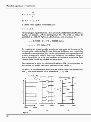 Ad
N = - E . S
ou N = - a . At. E . S
e a barra estará sujeita à compressão axial:
a = - a . At. E
Por exemplo, para impedir totalmente o deslocamento de uma barra de material cerâmico,
sujeita a um acréscimo uniforme de temperatura At = 1°C, sendo seu módulo de
elasticidade EL = 350.000 Kgf/cm2
, a submeteremos a uma compressão de:
aL = 0,000005 / °C x 1 °C x 350.000 Kgf/cm2
ou aL = • 1,75 Kgf/cm2
/°C
Os revestimentos e suas camadas suportes de argamassa, de alvenaria, ou de
concreto sofrem deformações térmicas diferentes devido aos seus coeficientes
de dilatação e, especialmente, deformações causadas pela temperatura diferencial
entre as faces superior e inferior de um piso elevado, ou entre as faces externa e
interna dos edifícios ou, ainda, pela condições ambientais de temperatura. Cada
caso particular deverá ser estudado separadamente.
Recomendamos a leitura do trabalho publicado em 1964 (1) sobre tensões de
temperatura, no qual há o esquema que reproduzimos na Fig. 24.
No edifício, ali representado, os pilares externos estão submetidos a uma tempera-
tura T0> e os pilares internos a uma temperatura T, - Fig. 24A.
A n = n a ( T i - T « ) h
To T,
nh
Interior Exterior Interior
Exterior Interior
(A)
Fig. 24
(B) (C)
 