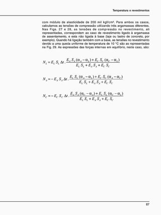 com módulo de elasticidade de 200 mil kgf/cm2
. Para ambos os casos,
calculamos as tensões de compressão utilizando três argamassas diferentes.
Nas Figs. 27 e 28, as tensões de compressão no revestimento, ali
representadas, correspondem ao caso de revestimento ligado à argamassa
de assentamento, e esta não ligada à base (laje ou lastro de concreto, por
exemplo). Quando há ligação também com a base, as tensões no revestimento
devido a uma queda uniforme de temperatura de 10 °C são as representadas
na Fig. 29. As expressões das forças internas em equilíbrio, neste caso, são:
= £ / 5 / A , t E A S A * < - * L ) + EcSc(ac-aL)
E
L S
L + E
A S
A + E
c SC
NA = - E A SA ÁT.
E
I. SL ( A , - A J + EC SC (A,F - A R )
E
T. + EA SA + EC SC
ET. SL + EA SA + EC SC
 