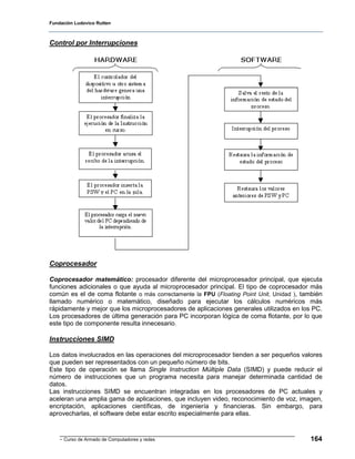 Fundación Ludovico Rutten



Control por Interrupciones




Coprocesador

Coprocesador matemático: procesador diferente del microprocesador principal, que ejecuta
funciones adicionales o que ayuda al microprocesador principal. El tipo de coprocesador más
común es el de coma flotante o más correctamente la FPU (Floating Point Unit, Unidad ), también
llamado numérico o matemático, diseñado para ejecutar los cálculos numéricos más
rápidamente y mejor que los microprocesadores de aplicaciones generales utilizados en los PC.
Los procesadores de última generación para PC incorporan lógica de coma flotante, por lo que
este tipo de componente resulta innecesario.

Instrucciones SIMD

Los datos involucrados en las operaciones del microprocesador tienden a ser pequeños valores
que pueden ser representados con un pequeño número de bits.
Este tipo de operación se llama Single Instruction Múltiple Data (SIMD) y puede reducir el
número de instrucciones que un programa necesita para manejar determinada cantidad de
datos.
Las instrucciones SIMD se encuentran integradas en los procesadores de PC actuales y
aceleran una amplia gama de aplicaciones, que incluyen video, reconocimiento de voz, imagen,
encriptación, aplicaciones científicas, de ingeniería y financieras. Sin embargo, para
aprovecharlas, el software debe estar escrito especialmente para ellas.


    - Curso de Armado de Computadores y redes                                             164
 