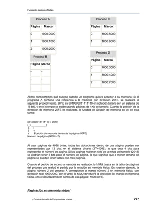 Fundación Ludovico Rutten



           Proceso A                                        Proceso C

   Página           Marco                               Página    Marco

   0            1000:0000                               0        1000:5000

   1            1000:1000                               1        1000:6000

   2            1000:2000
                                                            Proceso D
        Proceso B
                                                        Página    Marco
   Página Marco
                                                        0        1000:3000
   -            -
                                                        1        1000:4000
   -            -
                                                        2        1000:7000



Ahora consideremos qué sucede cuando un programa quiere acceder a su memoria. Si el
programa A contiene una referencia a la memoria con dirección 20FE, se realizará el
siguiente procedimiento. 20FE es 0010000011111110 en notación binaria (en un sistema de
16 bit), y en el ejemplo se están usando páginas de 4Kb de tamaño. Cuando la petición de la
dirección de memoria 20FE es realizada, la Unidad de Gestión de memoria se ve de esta
forma:


0010000011111110 = 20FE
{_}|___________|
 |    |
 |    v
 v     Posición de memoria dentro de la página (00FE)
Número de página (0010 = 2)


Al usar páginas de 4096 bytes, todas las ubicaciones dentro de una página pueden ser
representadas por 12 bits, en el sistema binario (212=4096), lo que deja 4 bits para
representar el número de página. Si las páginas hubieran sido de la mitad del tamaño (2048)
se podrían tener 5 bits para el número de página, lo que significa que a menor tamaño de
página se pueden tener tablas con más páginas.

Cuando el pedido de acceso a memoria es realizado, la MMU busca en la tabla de páginas
del proceso que realizó el pedido por la relación en memoria física. En nuestro ejemplo, la
página número 2 del proceso A corresponde al marco número 2 en memoria física, con
dirección real 1000:2000, por lo tanto, la MMU devolverá la dirección del marco en memoria
física, con el desplazamiento dentro de esa página: 1000:20FE.




Paginación en memoria virtual

       - Curso de Armado de Computadores y redes                                      227
 