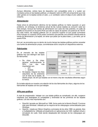 Fundación Ludovico Rutten



Aunque diferentes, ambos tipos de dispositivo son compatibles entre sí y suelen ser
montados juntos en las tarjetas gráficas; un disipador sobre la GPU (el componente que más
calor genera en la tarjeta) extrae el calor, y un ventilador sobre él aleja el aire caliente del
conjunto.

Alimentación

Hasta ahora la alimentación eléctrica de las tarjetas gráficas no había supuesto un gran
problema, sin embargo, la tendencia actual de las nuevas tarjetas es consumir cada vez
más energía. Aunque las fuentes de alimentación son cada día más potentes, el cuello de
botella se encuentra en el puerto PCIe que sólo es capaz de aportar una potencia de 150 W.
Por este motivo, las tarjetas gráficas con un consumo superior al que puede suministrar
PCIe incluyen un conector (PCIe power connector) que permite una conexión directa entre la
fuente de alimentación y la tarjeta, sin tener que pasar por la placa base, y, por tanto, por el
puerto PCIe.

Aún así, se pronostica que no dentro de mucho tiempo las tarjetas gráficas podrían necesitar
una fuente de alimentación propia, convirtiéndose dicho conjunto en dispositivos externos.

Fabricantes

En el mercado de las tarjetas                                     Fabricantes de GPUs
gráficas hay que distinguir dos tipos
de fabricantes:                                                 ATI               NVIDIA


    •   De chips: g De chips:                                GECUBE         POINT OF VIEW
        generan exclusivamente la
                                                             RADEON             GALAXY
        GPU.      Los      dos     más      Fabricantes
        importantes son:                                    SAPPHIRE              XFX
            o ATI                           de Tarjetas
            o NVIDIA                                          ASUS               ASUS
    •   De tarjetas: integran los chips
        adquiridos de los anteriores                        GIGABYTE            AOPEN
        con el resto de la tarjeta, de
        diseño propio. De ahí que tarjetas con el mismo chip den resultados diferentes según
        la marca.

En la tabla adjunta se muestra una relación de los dos fabricantes de chips y algunos de los
fabricantes de tarjetas con los que trabajan.


APIs para gráficos

A nivel de programador, trabajar con una tarjeta gráfica es complicado; por ello, surgieron
interfaces que abstrajesen la complejidad y diversidad de las primitivas de las tarjetas
gráficas. Los dos más importantes son:

    •   Direct3d: lanzada por Microsoft en 1996, forma parte de la librería DirectX. Funciona
        sólo para Windows. Utilizado por la mayoría de los videojuegos comercializados para
        Windows.
    •   OpenGL: creada por Silicon Graphics a principios de los años 1990; es gratuita, libre
        y multiplataforma. Utilizada principalmente en aplicaciones de CAD, realidad virtual o
        simulación de vuelo. Está siendo desplazada del mercado de los videojuegos por
        Direct3D.



    - Curso de Armado de Computadores y redes                                              266
 