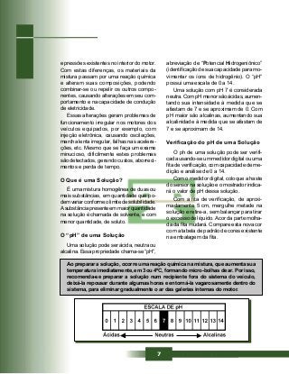 7
e pressões existentes no interior do motor.
Com estas diferenças, os materiais da
mistura passam por uma reação química
e alteram suas composições, podendo
combinar-se ou repelir os outros compo-
nentes, causando alterações em seu com-
portamento e na capacidade de condução
de eletricidade.
Essas alterações geram problemas de
funcionamento irregular nos motores dos
veículos equipados, por exemplo, com
injeção eletrônica, causando oscilações,
marcha lenta irregular, falhas nas acelera-
ções, etc. Mesmo que se faça um exame
minucioso, dificilmente estes problemas
são detectados, gerando custos, aborreci-
mentos e perda de tempo.
O Que é uma Solução?
É uma mistura homogênea de duas ou
mais substâncias, em quantidade que po-
dem variar conforme o limite de solubilidade.
A substância presente em maior quantidade
na solução é chamada de solvente, e com
menor quantidade, de soluto.
O “pH” de uma Solução
Uma solução pode ser ácida, neutra ou
alcalina. Essa propriedade chama-se “pH”,
abreviação de “Potencial Hidrogeniônico”
(identificação de sua capacidade para mo-
vimentar os íons de hidrogênio). O “pH”
possui uma escala de 0 a 14.
Uma solução com pH 7 é considerada
neutra. Com pH menor são ácidas, aumen-
tando sua intensidade à medida que se
afastam de 7 e se aproximam de 0. Com
pH maior são alcalinas, aumentando sua
alcalinidade à medida que se afastam de
7 e se aproximam de 14.
Verificação do pH de uma Solução
O ph de uma solução pode ser verifi-
cada usando-se um medidor digital ou uma
fita de verificação, com capacidade de me-
dição e análise de 0 a 14.
Com o medidor digital, coloque a haste
do sensor na solução e o mostrador indica-
rá o valor de pH dessa solução.
Com a fita de verificação, de aproxi-
madamente 5 cm, mergulhe metade na
solução e retire-a, sem balançar para tirar
o excesso de líquido.Acor da parte molha-
da da fita mudará. Compare esta nova cor
com a tabela de padrão de cores existente
na embalagem da fita.
Ao preparar a solução, ocorre uma reação química na mistura, que aumenta sua
temperatura imediatamente, em 3 ou 4ºC, formando micro-bolhas de ar. Por isso,
recomenda-se preparar a solução num recipiente fora do sistema do veículo,
deixá-la repousar durante algumas horas e entorná-la vagarosamente dentro do
sistema, para eliminar gradualmente o ar das galerias internas do motor.
 