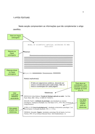8
1.4 PÓS-TEXTUAIS
Nesta secção compreendem as informações que irão complementar o artigo
científico.
MODEL OF SCIENTIFIC ARTICLE: ACCORDING TO NBR
6022:2003
Abstract
Xxxxxxxxxxxxxxxxxxxxxxxxxxxxxxxxxxxxxxxxxxxxxxxxxxxxxxxx
xxxxxxxxxxxxxxxxxxxxxxxxxxxxxxxxxxxxxxxxxxxxxxxxxxxxxxxxxxxxxxx
xxxxxxxxxxxxxxxxxxxxxxxxxxxxxxxxxxxxxxxxxxxxxxxxxxxxxxxxxxxxxxx
xxxxxxxxxxxxxxxxxxxxxxxxxxxxxxxxxxxxxxxxxxxxxxxxxxxxxxxxxxxxxxx
xxxxxxxxxxxxxxxxxxxxxxxxxxxxxxxxxxxxxxxxxxxxxxxxxxxxxxxxxxxxxxx
xxxxxxxxxxxxxxxxxxxxxxxxxxxxxxxxxxxxxxxxxxxxxxxxxxxxxxxxxxxxxxx
xxxxxxxxxxxxxxxxxxxxxxxxxxxxxxxxxxxxxxxxxxxxxxxxxxxxxxxxxxxxxxx
xxxxxxxxxxxxxxxxxxxxxxxxxxxxxxxxxxxxxxxxxxx.
Keywords: ssssssssssss. Uuuuuuuuuuu. iiiiiiiiiiiiiiiiiiiii.
Nota(s) explicativa(s)
É feita em algarismos arábicos, devendo ser
única e consecutiva para cada artigo. Não se
inicia a numeração em cada página.
Referências
DOUGLAS, Carlos Roberto. Tratado de fisiologia aplicado na saúde . 5.ed. São
Paulo: Robe, 2002. 1582 p.: il. ISBN 85-7363025-6.
KELLER, Fred S. A definição da psicologia: uma introdução aos sistemas
psicológicos. Tradução de Rodolpho Azzi. São Paulo: E.P.U., 1974. 106 p. (Ciencias do
comportamento).
LURIA, A. R. Curso de psicologia geral : introdução evolucionista a psicologia. 2. ed.
Rio de Janeiro: Civilização Brasileira, 1991. v. 1. 115 p.
THOMAS, Alexander. Esporte : introdução a psicologia. Rio de Janeiro: Ao Livro
Técnico, 1983. 231 p. (Colecao Educacao fisica . Serie fundamentacao ; 2).
Título em língua
estrangeira
Resumo na
língua
estrangeira.
Palavras-chave
na língua
estrangeira.
Título deve ser
centralizado e sem
indicativo numérico
Sugestão de fonte
12 a 14
Usar
ordenação
alfabética
ascendente.
Use dois
espaços
simples
entre as
referencias
Use espaço
simples nas
referências.
 