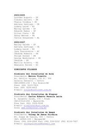 2003/2005
Lourdes Augusto – SP
Cláudio Galleti – PR
Thania Coimbra - GO
Adriana Santiago – CE
Ludwig Larré – RS
Marley Galvão – SP
Eduardo Ramos – DF
Gilvan Costa – RR
Hanny Amoras – PA
Carlos Gonçalves - AL

2005/2007
Marley Galvão – SP
Adriana Santiago – CE
Ludwig Larré – RS
Jane Vasconcelos – AC
Cândida Roberta – PA
Felipe Donner – PB
George Washington – SE
Cândida – GO
Marília Poletti – ES
Emanuele Torres – SC

SINDICATOS FILIADOS

Sindicato dos Jornalistas do Acre
Presidente: Marcos Vicentti
Av. Getúlio Vargas, 130 Sl. 306
Galeria Danielli - Centro
CEP:69900-150 - Rio Branco/AC
Fone: (68) 3223-7418
Fax: (68) 3224-4410
E-mail: sinjac@contilnet.com.br

Sindicato dos Jornalistas de Alagoas
Presidente: Carlos Roberto Pereira Leite
R. Sargento Jaime, 370 - Prado
CEP:57010-200 - Maceió/AL
Fone fax: (82) 3326-9168
E-mail: sindjornal@uol.com.br
Site: www.sindjornal.org.br

Sindicato dos Jornalistas do Amapá
Presidente: Volney de Jesus Oliveira
Av. Duque de Caxias, 600 - Centro
CEP: 68906-330 - Macapá/AP
Fone: (96) 224-2864 Fax: (96) 224-2252 (96) 8114-7907
E-mail: volneyoliveira@hotmail.com
 