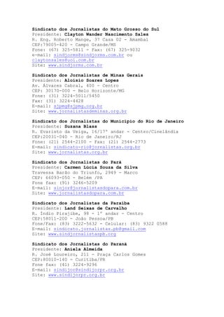 Sindicato dos Jornalistas do Mato Grosso do Sul
Presidente: Clayton Wander Nascimento Sales
R. Eng. Roberto Mange, 37 Casa 02 - Amambaí
CEP:79005-420 - Campo Grande/MS
Fone: (67) 325-5811 - Fax: (67) 325-9032
e-mail: sindjorms@sindjorms.com.br ou
claytonsales@uol.com.br
ite:S www.sindjorms.com.br
Sindicato dos Jornalistas de Minas Gerais
Presidente: Aloísio Soares Lopes
Av. Álvares Cabral, 400 - Centro
CEP: 30170-000 - Belo Horizonte/MG
Fone: (31) 3224-5011/5450
Fax: (31) 3224-4428
E-mail: sjpmg@sjpmg.org.br
Site: www.jornalistasdeminas.org.br
Sindicato dos Jornalistas do Município do Rio de Janeiro
Presidente: Suzana Blass
R. Evaristo da Veiga, 16/17º andar - Centro/Cinelândia
CEP:20031-040 - Rio de Janeiro/RJ
Fone: (21) 2544-2100 - Fax: (21) 2544-2773
E-mail: sindicato-rio@jornalistas.org.br
Site: www.jornalistas.org.br
Sindicato dos Jornalistas do Pará
Presidente: Carmen Lúcia Souza da Silva
Travessa Barão do Triunfo, 2949 - Marco
CEP: 66093-050 - Belém /PA
Fone fax: (91) 3246-5209
E-mail: sinjor@jornalistasdopara.com.br
ite:S www.jornalistasdopara.com.br
Sindicato dos Jornalistas da Paraíba
Presidente: Land Seixas de Carvalho
R. Índio Pirajibe, 98 - 1º andar - Centro
CEP:58011-200 - João Pessoa/PB
Fone/Fax: (83) 3222-5632 - Celular: (83) 9322 0588
E-mail: sindicato.jornalistas.pb@gmail.com
Site: www.sindjornalistaspb.org
Sindicato dos Jornalistas do Paraná
Presidente: Aniela Almeida
R. José Loureiro, 211 - Praça Carlos Gomes
CEP:80010-140 - Curitiba/PR
Fone fax: (41) 3224-9296
E-mail: sindijor@sindijorpr.org.br
Site: www.sindijorpr.org.br
 