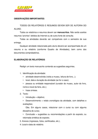 OBSERVAÇÕES IMPORTANTES


      TODOS OS RELATÓRIOS E RESUMOS DEVEM SER DE AUTORIA DO
ALUNO.
      Todos os relatórios e resumos devem ser manuscritos. Não serão aceitos
resumos “prontos” obtidos da Internet ou de outra fonte de consulta.
      Todas as atividades deverão ser compatíveis com o semestre de sua
entrega.
      Qualquer atividade relacionada pelo aluno deverá ser acompanhada de um
resumo e ou relatório (conforme Quadro de Atividades), bem como dos
documentos comprobatórios.


ELABORAÇÃO DE RELATÓRIOS


      Redigir um texto manuscrito contendo as sugestões seguintes.


      1. Identificação da atividade:
           •   atividade desenvolvida (visita a museu, leitura de livro...);
           •   local, data e duração da atividade (se for o caso);
           •   pessoa ou entidade responsável (curador do museu, autor do livro,
           nome e local da feira, etc.);
           •   frase síntese.
      2. Texto:
           •   Introdução = objetivo;
           •   Desenvolvimento = relato cronológico da atividade, com detalhes e
           avaliações;
               Obs. Em alguns casos, relacionar com o curso ou com alguma
           disciplina do curso;
           •   Conclusão = sugestões ou recomendações a partir do exposto, ou
           retomada sintética do exposto.
      3. Anexos (ingressos, fotos, certificados, etc.).
      4. Local e data do relatório.
 