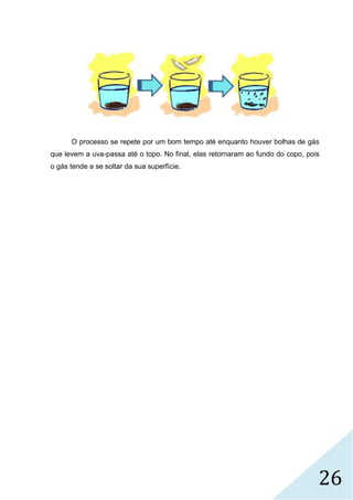 26
O processo se repete por um bom tempo até enquanto houver bolhas de gás
que levem a uva-passa até o topo. No final, elas retornaram ao fundo do copo, pois
o gás tende a se soltar da sua superfície.
 