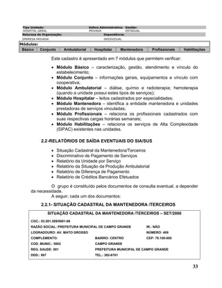 Tipo Unidade:                             Esfera Administrativa: Gestão:
 HOSPITAL GERAL                            PRIVADA                ESTADUAL
 Natureza da Organização:                           Dependência:
 EMPRESA PRIVADA                                   INIDIVIDUAL
Módulos:
 Básico  Conjunto           Ambulatorial      Hospitalar       Mantenedora      Profissionais   Habilitações

                   Este cadastro é apresentado em 7 módulos que permitem verificar:
                   • Módulo Básico – caracterização, gestão, atendimento e vínculo do
                     estabelecimento;
                   • Módulo Conjunto – informações gerais, equipamentos e vínculo com
                     cooperativa;
                   • Módulo Ambulatorial – diálise, químio e radioterapia; hemoterapia
                     (quando a unidade possui estes tipos de serviços);
                   • Módulo Hospitalar – leitos cadastrados por especialidades;
                   • Módulo Mantenedora – identifica a entidade mantenedora e unidades
                     prestadoras de serviços vinculadas;
                   • Módulo Profissionais – relaciona os profissionais cadastrados com
                     suas respectivas cargas horárias semanais;
                   • Módulo Habilitações – relaciona os serviços de Alta Complexidade
                     (SIPAC) existentes nas unidades.

            2.2 -RELATÓRIOS DE SAÍDA EVENTUAIS DO SIA/SUS

                   •   Situação Cadastral da Mantenedora/Terceiros
                   •   Discriminativo de Pagamento de Serviços
                   •   Relatório da Unidade por Serviço
                   •   Relatório da Situação da Produção Ambulatorial
                   •   Relatório de Diferença de Pagamento
                   •   Relatório de Créditos Bancários Efetuados

                O grupo é constituído pelos documentos de consulta eventual, a depender
      da necessidade.
                A seguir, cada um dos documentos:
            2.2.1- SITUAÇÃO CADASTRAL DA MANTENEDORA /TERCEIROS
                  SITUAÇÃO CADASTRAL DA MANTENEDORA /TERCEIROS – SET/2000
      CGC.: 03.501.509/0001-06
      RAZÂO SOCIAL: PREFEITURA MUNICIPAL DE CAMPO GRANDE                     IR.: NÃO
      LOGRADOURO: AV. MATO GROSSO                                            NÚMERO: 409
      COMPLEMENTO:                            BAIRRO: CENTRO                 CEP: 79.100-000
      COD. MUNIC.: 5002                       CAMPO GRANDE
      REG. SAUDE: 001                         PREFEITURA MUNICIPAL DE CAMPO GRANDE
      DDD.: 067                               TEL.: 382-6761


                                                                                                     33
 