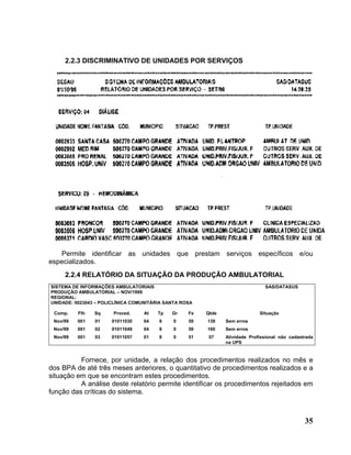 2.2.3 DISCRIMINATIVO DE UNIDADES POR SERVIÇOS




   Permite identificar as unidades que prestam serviços específicos e/ou
especializados.
     2.2.4 RELATÓRIO DA SITUAÇÃO DA PRODUÇÃO AMBULATORIAL
SISTEMA DE INFORMAÇÕES AMBULATORIAIS                                           SAS/DATASUS
PRODUÇÃO AMBULATORIAL – NOV/1999
REGIONAL:
UNIDADE: 0023043 – POLICLÍNICA COMUNITÁRIA SANTA ROSA

 Comp.    Flh   Sq     Proced.    At    Tp   Gr    Fe   Qtde                 Situação
 Nov/99   001   01    01011030    64    8    0     50   139    Sem erros
 Nov/99   001   02    01011049    64    8    0     50   160    Sem erros
 Nov/99   001   03    01011057    01    8    0     51    07    Atividade Profissional não cadastrada
                                                               na UPS


          Fornece, por unidade, a relação dos procedimentos realizados no mês e
dos BPA de até três meses anteriores, o quantitativo de procedimentos realizados e a
situação em que se encontram estes procedimentos.
          A análise deste relatório permite identificar os procedimentos rejeitados em
função das críticas do sistema.



                                                                                                35
 