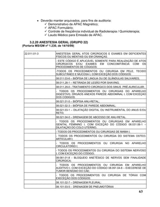 • Deverão manter arquivados, para fins de auditoria:
                Demonstrativo de APAC Magnético;
                APAC Formulário;
                Controle de freqüência individual de Radioterapia / Quimioterapia;
                Laudo Médico para Emissão de APAC.

     3.2.20 ANESTESIA GERAL (GRUPO 22)
(Portaria MS/GM nº 1.230, de 14/10/99)

 22.011.01-3            ANESTESIA GERAL ATOS CIRÚRGICOS E EXAMES EM DEFICIENTES
                        FÍSICOS OU MENTAIS OU EM CRIANÇAS.
                        - ESTE CÓDIGO É APLICÁVEL SOMENTE PARA REALIZAÇÃO DE ATOS
                        CIRÚRGICOS E/OU EXAMES EM CONCOMITÂNCIA COM OS
                        PROCEDIMENTOS DE CÓGIGOS:
                        -TODOS OS PROCEDIMENTOS OU CIRURGIA EM PELE, TECIDO
                        SUBCUTÂNEO E MUCOSA I, COM EXCEÇÃO DOS CÓDIGOS:
                        08.011.03-6 – BIÓPSIA DE LINGUA OU DE GLÂNDULAS SALIVARES;
                        08.011.28-1 – RETIRADA DE LESÃO POR SHAVING;
                        08.011.29-0 - TRATAMENTO CIRÚRGICO DOS SINUS PRÉ-AURICULAR;
                        - TODOS OS PROCEDIMENTOS OU CIRURGIAS DO APARELHO
                        DIGESTIVO, ÓRGÃOS ANEXOS PAREDE ABDOMINAL I, COM EXCEÇÃO
                        DOS CÓDIGOS:
                        08.021.01-5 – BIÓPSIA ANU-RETAL;
                        08.021.02-3 – BIÓPSIA DE PAREDE ABDOMINAL;
                        08.021.03-1 – DILATAÇÃO DIGITAL OU INSTRUMENTAL DO ANUS E/OU
                        RETO;
                        08.021.04-0 – DRENAGEM DE ABCESSO DE ANU-RETAL.
                        - TODOS OS PROCEDIMENTOS OU CIRURGIAS EM APARELHO
                        GENITAL FEMININO I, COM EXCEÇÃO DO CÓDIGO 08.031.06-1 –
                        DILATAÇÃO DO COLO UTERINO;
                        - TODOS OS PROCEDIMENTOS OU CIRURGIAS DE MAMA I;
                        - TODOS OS PROCEDIMENTOS OU CIRURGIA DO SISTEMA OSTEO-
                        ARTICULAR I;
                        - TODOS OS PROCEDIMENTOS OU CIRURGIA NO APARELHO
                        CIRCULATÓRIO I;
                        - TODOS OS PROCEDIMENTOS OU CIRURGIA DO SISTEMA NERVOSO
                        I, COM EXCEÇÃO DO CÓDIGO;
                        08.081.01-8 - BLOQUEIO ANETÉSICO DE NERVOS SEM FINALIDADE
                        CIRÚRGICA;
                        - TODOS OS PROCEDIMENTOS OU CIRURGIA EM APARELHO
                        AUDITIVO I, COM EXCEÇÃO DO CÓDIGO 08.091.04-8 – EXECERESE DE
                        TUMOR BENÍGNO DO CAE;
                        - TODOS OS PROCEDIMENTOS OU CIRURGIA DE TÓRAX COM
                        EXECEÇÃO DOS CÓDIGOS:
                        08.101.02-7 – DRENAGEM PLEURAL;
                        08.101.03-5 - DRENAGEM DE PNEUMOTÓRAX
                                                                                 63
 