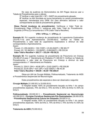 No caso da ausência do Demonstrativo de AIH Pagas deve-se usar a
Tabela de Procedimentos para o cálculo:
       1º Verificar o valor total (SH + SP + SADT) do procedimento glosado;
       2º Verificar na AIH Simulada se houve lançamento no campo procedimentos
       especiais, hemoterapia e/ou OPM. Em caso afirmativo adicionar o valor
       correspondente ao total do procedimento glosado.
 Glosa Parcial (mudança de procedimento): Verifica-se o Valor Total do
 Procedimento Pago (VTProc.1), subtrai-se pelo Valor Total do Procedimento
 Sugerido (VTProc.2) e encontra-se o VTR (Valor Total a Recolher).
                           VTR = VTProc. 1 - VTProc. 2
Exemplo 01: Foi sugerido mudança de procedimento de Laparotomia Exploradora
(33.016.11.9) para Apendicectomia (33.005.06.0). Verificar na Tabela de
Procedimentos o valor total de Laparotomia Exploradora e diminuir do total
correspondente a Apendicectomia.
Assim:
 Proced. (1): 255,24(SH) + 105,17(SP) + 23,36 (SADT) = R$ 383,77
 Proced. (2): 191,86(SH) + 133,08(SP) + 8,60(SADT) = R$ 333,54
 Valor Total a Recolher = 383,77 – 333,54 = R$ 50,23
Exemplo 02: Foi sugerida mudança de procedimento de Pneumonia em Criança
(76.300.07.2) para 1° Atendimento em Pediatria (71.300.00.7): Verificar na Tabela de
Procedimentos o valor total de Pneumonia em Criança e diminuir do total
correspondente a 1° Atendimento em Pediatria.
Assim:
 Proced.(1): 239,51 (SH) + 46,86 (SP) + 23,62 (SADT) = R$ 309,99
 Proced.(2): 22,45 (SH) + 9,91 (SP) + 8,02 (SADT) = R$ 40,38
 Valor Total a Recolher = 309,99 – 40,38 = R$ 269,61
          Glosa em AIH de Cirurgia Múltipla, Politraumatizado, Tratamento da AIDS
e Procedimentos Seqüenciais de Neurocirurgias
          Estes procedimentos são especiais e deve ser observado o seguinte:
Cirurgia Múltipla (31.000.00.2 e 33.000.00.0)
          O Hospital recebe 100% do procedimento lançado na linha 1 do campo
procedimentos especiais, 75% da linha 2, 75% da linha 3, 60% da linha 4 e 50% da
linha 5.

Politraumatizado (39.000.00.1) – Procedimento Seqüencial em Neurocirurgia
(40.290.00.0) - Cirurgias Corretivas Seqüenciais Pós Gastroplastias (38.000.00.8)
- Procedimento Seqüencial da Coluna em Ortopedia (39.000.01.0).
          O Hospital recebe 100% do procedimento lançado na linha 1 do campo
procedimentos especiais, 100% da linha 2, 75% da linha 3, 75% da linha 4 e 50% da
linha 5.

Tratamento da AIDS (70.000.00.0)

                                                                                 77
 