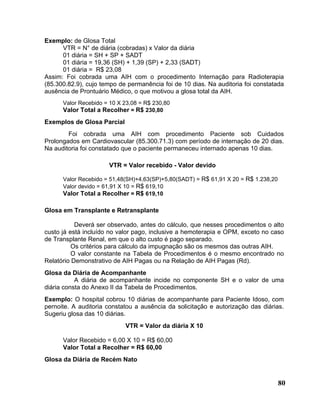 Exemplo: de Glosa Total
      VTR = N° de diária (cobradas) x Valor da diária
      01 diária = SH + SP + SADT
      01 diária = 19,36 (SH) + 1,39 (SP) + 2,33 (SADT)
      01 diária = R$ 23,08
Assim: Foi cobrada uma AIH com o procedimento Internação para Radioterapia
(85.300.82.9), cujo tempo de permanência foi de 10 dias. Na auditoria foi constatada
ausência de Prontuário Médico, o que motivou a glosa total da AIH.
      Valor Recebido = 10 X 23,08 = R$ 230,80
      Valor Total a Recolher = R$ 230,80
Exemplos de Glosa Parcial
        Foi cobrada uma AIH com procedimento Paciente sob Cuidados
Prolongados em Cardiovascular (85.300.71.3) com período de internação de 20 dias.
Na auditoria foi constatado que o paciente permaneceu internado apenas 10 dias.

                      VTR = Valor recebido - Valor devido

      Valor Recebido = 51,48(SH)+4,63(SP)+5,80(SADT) = R$ 61,91 X 20 = R$ 1.238,20
      Valor devido = 61,91 X 10 = R$ 619,10
      Valor Total a Recolher = R$ 619,10

Glosa em Transplante e Retransplante

           Deverá ser observado, antes do cálculo, que nesses procedimentos o alto
custo já está incluído no valor pago, inclusive a hemoterapia e OPM, exceto no caso
de Transplante Renal, em que o alto custo é pago separado.
          Os critérios para cálculo da impugnação são os mesmos das outras AIH.
          O valor constante na Tabela de Procedimentos é o mesmo encontrado no
Relatório Demonstrativo de AIH Pagas ou na Relação de AIH Pagas (Rd).
Glosa da Diária de Acompanhante
           A diária de acompanhante incide no componente SH e o valor de uma
diária consta do Anexo II da Tabela de Procedimentos.
Exemplo: O hospital cobrou 10 diárias de acompanhante para Paciente Idoso, com
pernoite. A auditoria constatou a ausência da solicitação e autorização das diárias.
Sugeriu glosa das 10 diárias.
                            VTR = Valor da diária X 10

      Valor Recebido = 6,00 X 10 = R$ 60,00
      Valor Total a Recolher = R$ 60,00
Glosa da Diária de Recém Nato


                                                                                     80
 