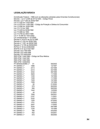 LEGISLAÇÃO BÁSICA

Constituição Federal – 1988 (com as alterações adotadas pelas Emendas Constitucionais)
Decreto – Lei nº 2.848 de 07/12/1940 – Código Penal
Decreto- Lei nº 200 de 25/02/1967
Lei nº 4.320 de 17/03/1964
Lei nº 8.078 de 11/09/1990 – Código de Proteção e Defesa do Consumidor
Lei nº 8.080 de 19/09/1990
Lei nº 8.112 de 1990
Lei nº 8.429 de 02/06/1992
Lei nº 8.666 de 1993
Lei nº 9.784 de 29/01/1999
Lei nº 10.406 de 10/01/2002
Lei complementar nº 101/2000
Decreto nº 93.872 de 23/12/1986
Decreto nº1.232 de 30/08/1994
Decreto nº 1.651 de 28/09/1995
Decreto nº 4.726 de 09/06/2003
IN/TCU nº 35 de 23/08/2000
IN/STN nº 01 de 01/02/1997
Decisão TCU 706/1994
Decisão TCU 449/1998
Decisão TCU 600/2000
RES CFM 1.246/1988 – Código de Ética Médica
RES CFM 1.342/1991
RES CFM 1.363/1993
RES CFM 1.638/2002
PT DENASUS/MS n.º        01                      09/2003
PT GM/MS n.º           1886                      12/1997
PT GM/MS n.º           2413                      03/1998
PT GM/MS n.º           2414                      03/1998
PT GM/MS n.º           3432                      08/1998
PT GM/MS n.º           3925                      11/1998
PT GM/MS n.º           1230                      10/1999
PT GM/MS n.º           1348                      11/1999
PT GM/MS n.º           1329                      12/1999
PT GM/MS n.º           1399                      12/1999
PT GM/MS n.º              82                     01/2000
PT GM/MS n.º            570                      06/2000
PT GM/MS n.º            956                      08/2000
PT GM/MS n.º           1444                      12/2000
PT GM/MS n.º              44                     01/2001
PT GM/MS n.º           1606                      09/2001
PT GM/MS n.º           2167                      11/2001
PT GM/MS n.º           2332                      12/2001
PT GM/MS n.º           1320                      07/2002
PT GM/MS n.º           1751                      10/2002
PT GM/MS n.º           2047                      11/2002
PT GM/MS n.º           3535                      09/1998
PT GM/MS n.º           1230                      10/1999
PT GM/MS n.º            396                      04/2000
PT GM/MS n.º            402                      03/2001
PT GM/MS n.º            572                      06/2000

                                                                                         84
 