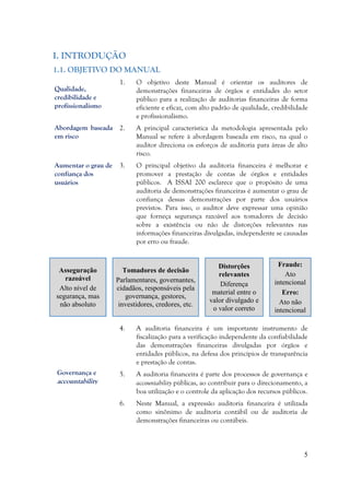 5
I. INTRODUÇÃO
1.1. OBJETIVO DO MANUAL
1. O objetivo deste Manual é orientar os auditores de
demonstrações financeiras de órgãos e entidades do setor
público para a realização de auditorias financeiras de forma
eficiente e eficaz, com alto padrão de qualidade, credibilidade
e profissionalismo.
2. A principal característica da metodologia apresentada pelo
Manual se refere à abordagem baseada em risco, na qual o
auditor direciona os esforços de auditoria para áreas de alto
risco.
3. O principal objetivo da auditoria financeira é melhorar e
promover a prestação de contas de órgãos e entidades
públicos. A ISSAI 200 esclarece que o propósito de uma
auditoria de demonstrações financeiras é aumentar o grau de
confiança dessas demonstrações por parte dos usuários
previstos. Para isso, o auditor deve expressar uma opinião
que forneça segurança razoável aos tomadores de decisão
sobre a existência ou não de distorções relevantes nas
informações financeiras divulgadas, independente se causadas
por erro ou fraude.
Asseguração
razoável
Alto nível de
segurança, mas
não absoluto
Tomadores de decisão
Parlamentares, governantes,
cidadãos, responsáveis pela
governança, gestores,
investidores, credores, etc.
Distorções
relevantes
Diferença
material entre o
valor divulgado e
o valor correto
Fraude:
Ato
intencional
Erro:
Ato não
intencional
4. A auditoria financeira é um importante instrumento de
fiscalização para a verificação independente da confiabilidade
das demonstrações financeiras divulgadas por órgãos e
entidades públicos, na defesa dos princípios de transparência
e prestação de contas.
5. A auditoria financeira é parte dos processos de governança e
accountability públicas, ao contribuir para o direcionamento, a
boa utilização e o controle da aplicação dos recursos públicos.
6. Neste Manual, a expressão auditoria financeira é utilizada
como sinônimo de auditoria contábil ou de auditoria de
demonstrações financeiras ou contábeis.
Qualidade,
credibilidade e
profissionalismo
Abordagem baseada
em risco
Aumentar o grau de
confiança dos
usuários
Governança e
accountability
 