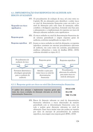 124
4.1. IMPLEMENTAÇÃO DAS RESPOSTAS DO AUDITOR AOS
RISCOS AVALIADOS
455. Os procedimentos de avaliação de risco, tal como vistos no
Capítulo III, são planejados para identificar e avaliar riscos
no nível de demonstrações financeiras como um todo e no
nível de afirmações para cada classe de transações, saldos
contábeis e divulgações específicas, formando uma base para
o planejamento e a implementação de respostas aos riscos de
distorção relevante avaliados como significativos.
456. Os riscos avaliados no nível de demonstrações financeiras são
de natureza generalizada e exigem respostas gerais de
auditoria, conforme exemplificado no tópico 4.1.1.
457. Já para os riscos avaliados no nível de afirmações, as respostas
específicas consistem em executar procedimentos adicionais
de auditoria, tais como testes de controles, procedimentos
analíticos substantivos e testes de detalhes (IFAC, 2010),
conforme abordado no tópico 4.1.2.
4.1.1. Respostas gerais aos riscos no nível das demonstrações financeiras
O auditor deve planejar e implementar respostas gerais para
tratar dos riscos avaliados de distorção relevante no nível das
demonstrações financeiras.
ISSAI 1330
ISA 330
NBC TA 330
458. Riscos de distorção relevante no nível de demonstrações
financeiras referem-se a riscos relacionados de maneira
generalizada com as demonstrações financeiras como um
todo e podem gerar distorções relevantes no nível de
afirmações. Esses riscos muitas vezes não podem ser tratados
por meio da execução de procedimentos de auditoria
específicos, mas exigem uma resposta geral. (IFAC, 2010).
Procedimentos de
avaliação de risco
Respostas específicas
Respostas gerais
Permitem determinar a
abordagem apropriada
para a condução da
auditoria
Procedimentos
adicionais de auditoria
para tratar riscos no
nível de afirmações
Atitudes e ações para
tratar riscos no nível de
demonstrações
financeiras
Respostas gerais
Respostas específicas
Responder aos riscos
significativos
 