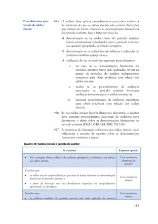 135
495. O auditor deve aplicar procedimentos para obter evidência
de auditoria de que os saldos iniciais não contêm distorções
que afetam de forma relevante as demonstrações financeiras
do período corrente. Isso é feito por meio de:
a) determinação se os saldos finais do período anterior
foram corretamente transferidos para o período corrente
ou, quando apropriado, se foram corrigidos;
b) determinação se os saldos iniciais refletem a aplicação de
políticas contábeis apropriadas; e
c) realização de um ou mais dos seguintes procedimentos:
i. no caso de as demonstrações financeiras do
exercício anterior terem sido auditadas, revisar os
papéis de trabalho do auditor independente
antecessor para obter evidência com relação aos
saldos iniciais;
ii. avaliar se os procedimentos de auditoria
executados no período corrente fornecem
evidência relevante para os saldos iniciais; ou
iii. executar procedimentos de auditoria específicos
para obter evidência com relação aos saldos
iniciais.
496. Se nos saldos iniciais houver distorções relevantes, o auditor
deve executar procedimentos adicionais de auditoria para
determinar o efeito sobre as demonstrações financeiras no
período corrente (ISSAI 1510; ISA/NBC TA 510).
497. A existência de distorções relevantes nos saldos iniciais pode
influenciar a emissão de opinião sobre as demonstrações
financeiras conforme a seguir:
Quadro 19: Saldos iniciais e opinião do auditor
Se o auditor Expressar opinião
 Não conseguir obter evidência de auditoria apropriada e suficiente com relação
aos saldos iniciais.
Com ressalva ou
abstenção de
opinião*
Concluir que:
 os saldos iniciais contêm distorção que afeta de forma relevante as demonstrações
financeiras do período corrente; e
 o efeito da distorção não está devidamente registrado ou adequadamente
apresentado ou divulgado.
Com ressalva ou
adversa
Concluir que:
 as políticas contábeis do período corrente não estão aplicadas de maneira
Com ressalva ou
adversa
Procedimentos para
revisão de saldos
iniciais
 