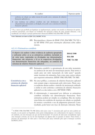 136
Se o auditor Expressar opinião
uniforme em relação aos saldos iniciais de acordo com a estrutura de relatório
financeiro aplicável; ou
 uma mudança nas políticas contábeis não está devidamente registrada,
adequadamente apresentada ou divulgada, de acordo com a estrutura de relatório
financeiro aplicável.
* Ou, a menos que proibido por legislação ou regulamentação, opinião com ressalva ou abstenção de opinião,
conforme apropriado, com relação aos resultados das operações e fluxos de caixa, quando relevante, e não
modificada com relação à posição patrimonial e financeira (ISSAI 1520; ISA/NBC TA 520).
Fonte: Elaborado com base na ISSAI 1510; ISA/NBC TA 510.
498. Recomenda-se a leitura da ISSAI 1510; ISA/NBC TA 510 e
da NP ISSAI 1510 para orientações adicionais sobre saldos
iniciais.
4.2.3.3. Estimativas contábeis
O objetivo do auditor é obter evidência de auditoria apropriada
e suficiente sobre: a) se as estimativas contábeis, incluindo as
de valor justo, registradas ou divulgadas nas demonstrações
financeiras, são razoáveis; e b) se as respectivas divulgações
nas demonstrações financeiras são adequadas, no contexto da
estrutura de relatório financeiro aplicável.
ISSAI 1540
ISA 540
NBC TA 540
499. Estimativa contábil é a aproximação de um valor monetário
na ausência de um meio de mensuração preciso. Este termo é
usado para um valor mensurado do valor justo13
quando
existe incerteza de estimativa, bem como para outros valores
que requerem estimativas. (ISSAI 1540; ISA/NBC TA 540).
500. No setor público, a estrutura de relatório financeiro aplicável
nem sempre exige a mensuração pelo valor justo. Neste caso,
os auditores devem avaliar o método de mensuração utilizado
e avaliar se está conforme a estrutura de relatório financeiro
aplicável e se não induz a erro. (NP ISSAI 1540).
501. A administração é responsável por elaborar as estimativas
contábeis incluídas nas demonstrações financeiras. Essas
estimativas podem ser simples ou complexas. Elas são muitas
vezes feitas em condições de incerteza em relação ao resultado
de eventos e envolvem o uso de julgamento gerencial. Como
resultado, pode haver um risco de distorção relevante. Nesse
13
A ISSAI 1540; ISA/NBC TA 540 define valor justo como “o montante pelo qual um ativo poderia ser
trocado, ou um passivo ser liquidado, entre partes independentes com conhecimento do negócio e interesse
em realizá-lo, em uma transação em que não há favorecidos”. O conceito de valor justo normalmente supõe
uma transação corrente, em vez de uma liquidação em alguma data no passado ou futuro. Dessa forma, o
processo de mensuração do valor justo é uma busca pelo preço estimado pelo qual a transação ocorreria
(LONGO, 2011).
Consistência com a
estrutura de relatório
financeiro aplicável
 