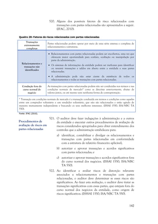 142
520. Alguns dos possíveis fatores de risco relacionados com
transações com partes relacionadas são apresentados a seguir.
(IFAC, 2010):
Quadro 20: Fatores de riscos relacionados com partes relacionadas
Transações
extremamente
complexas
Partes relacionadas podem operar por meio de uma série extensa e complexa de
relacionamentos e estruturas.
Relacionamentos e
transações não
identificados
 Relacionamentos com partes relacionadas podem ser encobertos, uma vez que
oferecem maior oportunidade para conluio, ocultação ou manipulação por
parte da administração.
 Os sistemas de informações da entidade podem ser ineficazes para identificar
ou resumir transações e saldos em aberto entre a entidade e suas partes
relacionadas.
 A administração pode não estar ciente da existência de todos os
relacionamentos e todas as transações com partes relacionadas.
Condução fora do
curso normal do
negócio
As transações com partes relacionadas podem não ser conduzidas nos termos e nas
condições normais de mercado* como as descritas anteriormente, abaixo de
valores justos, ou até mesmo sem nenhuma forma de contraprestação.
* Transação em condições normais de mercado é a transação conduzida em termos e condições como aqueles
entre um comprador voluntário e um vendedor voluntário, que não são relacionados e estão agindo de
maneira mutuamente independente e buscando os seus melhores interesses. (ISSAI 1550; ISA/NBC TA
550).
Fonte: IFAC (2010).
521. O auditor deve fazer indagações à administração e a outros
da entidade e executar outros procedimentos de avaliação de
riscos considerados apropriados para obter entendimento dos
controles que a administração estabeleceu para:
a) identificar, contabilizar e divulgar os relacionamentos e
transações com partes relacionadas em conformidade
com a estrutura de relatório financeiro aplicável;
b) autorizar e aprovar transações e acordos significativos
com partes relacionadas; e
c) autorizar e aprovar transações e acordos significativos fora
do curso normal dos negócios. (ISSAI 1550; ISA/NBC
TA 550).
522. Ao identificar e avaliar riscos de distorção relevante
associados a relacionamentos e transações com partes
relacionadas, o auditor deve determinar se esses riscos são
significativos. Ao fazer esta avaliação, o auditor deve tratar as
transações significativas com essas partes, que estejam fora do
curso normal dos negócios da entidade, como origem de
riscos significativos. (ISSSAI 1550; ISA/NBC TA 550).
Procedimentos de
avaliação de riscos em
partes relacionadas
 
