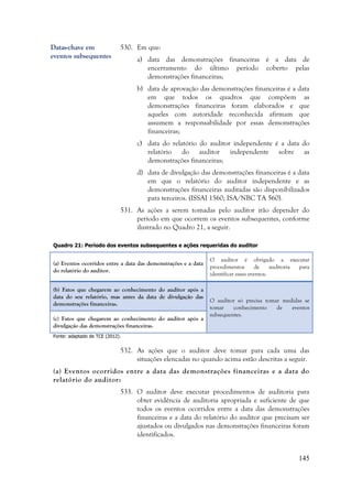 145
530. Em que:
a) data das demonstrações financeiras é a data de
encerramento do último período coberto pelas
demonstrações financeiras;
b) data de aprovação das demonstrações financeiras é a data
em que todos os quadros que compõem as
demonstrações financeiras foram elaborados e que
aqueles com autoridade reconhecida afirmam que
assumem a responsabilidade por essas demonstrações
financeiras;
c) data do relatório do auditor independente é a data do
relatório do auditor independente sobre as
demonstrações financeiras;
d) data de divulgação das demonstrações financeiras é a data
em que o relatório do auditor independente e as
demonstrações financeiras auditadas são disponibilizados
para terceiros. (ISSAI 1560; ISA/NBC TA 560).
531. As ações a serem tomadas pelo auditor irão depender do
período em que ocorrem os eventos subsequentes, conforme
ilustrado no Quadro 21, a seguir.
Quadro 21: Período dos eventos subsequentes e ações requeridas do auditor
(a) Eventos ocorridos entre a data das demonstrações e a data
do relatório do auditor.
O auditor é obrigado a executar
procedimentos de auditoria para
identificar esses eventos.
(b) Fatos que chegarem ao conhecimento do auditor após a
data do seu relatório, mas antes da data de divulgação das
demonstrações financeiras.
O auditor só precisa tomar medidas se
tomar conhecimento de eventos
subsequentes.
(c) Fatos que chegarem ao conhecimento do auditor após a
divulgação das demonstrações financeiras.
Fonte: adaptado de TCE (2012).
532. As ações que o auditor deve tomar para cada uma das
situações elencadas no quando acima estão descritas a seguir.
(a) Eventos ocorridos entre a data das demonstrações financeiras e a data do
relatório do auditor:
533. O auditor deve executar procedimentos de auditoria para
obter evidência de auditoria apropriada e suficiente de que
todos os eventos ocorridos entre a data das demonstrações
financeiras e a data do relatório do auditor que precisam ser
ajustados ou divulgados nas demonstrações financeiras foram
identificados.
Datas-chave em
eventos subsequentes
 