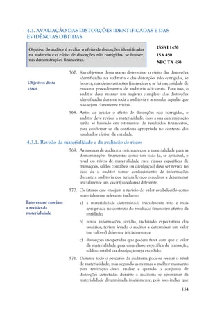 154
4.3. AVALIAÇÃO DAS DISTORÇÕES IDENTIFICADAS E DAS
EVIDÊNCIAS OBTIDAS
Objetivo do auditor é avaliar o efeito de distorções identificadas
na auditoria e o efeito de distorções não corrigidas, se houver,
nas demonstrações financeiras.
ISSAI 1450
ISA 450
NBC TA 450
567. São objetivos desta etapa: determinar o efeito das distorções
identificadas na auditoria e das distorções não corrigidas, se
houver, nas demonstrações financeiras e se há necessidade de
executar procedimentos de auditoria adicionais. Para isso, o
auditor deve manter um registro completo das distorções
identificadas durante toda a auditoria e acumular aquelas que
não sejam claramente triviais.
568. Antes de avaliar o efeito de distorções não corrigidas, o
auditor deve revisar a materialidade, caso a sua determinação
tenha se baseado em estimativas de resultados financeiros,
para confirmar se ela continua apropriada no contexto dos
resultados efetivo da entidade.
4.3.1. Revisão da materialidade e da avaliação de riscos
569. As normas de auditoria orientam que a materialidade para as
demonstrações financeiras como um todo (e, se aplicável, o
nível ou níveis de materialidade para classes específicas de
transações, saldos contábeis ou divulgação) deve ser revista no
caso de o auditor tomar conhecimento de informações
durante a auditoria que teriam levado o auditor a determinar
inicialmente um valor (ou valores) diferente.
570. Os fatores que ensejam a revisão do valor estabelecido como
materialmente relevante incluem:
a) a materialidade determinada inicialmente não é mais
apropriada no contexto do resultado financeiro efetivo da
entidade;
b) novas informações obtidas, incluindo expectativas dos
usuários, teriam levado o auditor a determinar um valor
(ou valores) diferente inicialmente; e
c) distorções inesperadas que podem fazer com que o valor
da materialidade para uma classe específica de transação,
saldo contábil ou divulgação seja excedido.
571. Durante todo o percurso da auditoria pode-se revisar o nível
de materialidade, mas segundo as normas o melhor momento
para realização desta análise é quando o conjunto de
distorções detectadas durante a auditoria se aproximar da
materialidade determinada inicialmente, pois isso indica que
Objetivos desta
etapa
Fatores que ensejam
a revisão da
materialidade
 