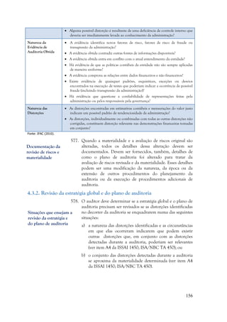 156
 Alguma possível distorção é resultante de uma deficiência de controle interno que
deveria ser imediatamente levada ao conhecimento da administração?
Natureza da
Evidência de
Auditoria Obtida
 A evidência identifica novos fatores de risco, fatores de risco de fraude ou
transgressão da administração?
 A evidência obtida contradiz outras fontes de informações disponíveis?
 A evidência obtida entra em conflito com o atual entendimento da entidade?
 Há evidência de que as políticas contábeis da entidade não são sempre aplicadas
de maneira uniforme?
 A evidência comprova as relações entre dados financeiros e não financeiros?
 Existe evidência de quaisquer padrões, esquisitices, exceções ou desvios
encontrados na execução de testes que poderiam indicar a ocorrência de possível
fraude (incluindo transgressão da administração)?
 Há evidência que questione a confiabilidade de representações feitas pela
administração ou pelos responsáveis pela governança?
Natureza das
Distorções
 As distorções encontradas em estimativas contábeis e mensurações do valor justo
indicam um possível padrão de tendenciosidade da administração?
 As distorções, individualmente ou combinadas com todas as outras distorções não
corrigidas, constituem distorção relevante nas demonstrações financeiras tomadas
em conjunto?
Fonte: IFAC (2010).
577. Quando a materialidade e a avaliação de riscos original são
alteradas, todos os detalhes dessa alteração devem ser
documentados. Devem ser fornecidos, também, detalhes de
como o plano de auditoria foi alterado para tratar da
avaliação de riscos revisada e da materialidade. Esses detalhes
podem ser uma modificação da natureza, da época ou da
extensão de outros procedimentos do planejamento da
auditoria ou da execução de procedimentos adicionais de
auditoria.
4.3.2. Revisão da estratégia global e do plano de auditoria
578. O auditor deve determinar se a estratégia global e o plano de
auditoria precisam ser revisados se as distorções identificadas
no decorrer da auditoria se enquadrarem numa das seguintes
situações:
a) a natureza das distorções identificadas e as circunstâncias
em que elas ocorreram indicarem que podem existir
outras distorções que, em conjunto com as distorções
detectadas durante a auditoria, poderiam ser relevantes
(ver item A4 da ISSAI 1450; ISA/NBC TA 450); ou
b) o conjunto das distorções detectadas durante a auditoria
se aproxima da materialidade determinada (ver item A4
da ISSAI 1450; ISA/NBC TA 450).
Documentação da
revisão de riscos e
materialidade
Situações que ensejam a
revisão da estratégia e
do plano de auditoria
 