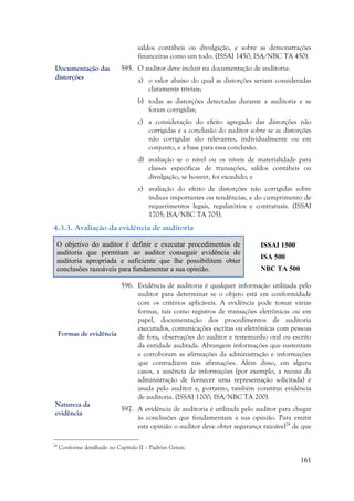 161
saldos contábeis ou divulgação, e sobre as demonstrações
financeiras como um todo. (ISSAI 1450; ISA/NBC TA 450).
595. O auditor deve incluir na documentação de auditoria:
a) o valor abaixo do qual as distorções seriam consideradas
claramente triviais;
b) todas as distorções detectadas durante a auditoria e se
foram corrigidas;
c) a consideração do efeito agregado das distorções não
corrigidas e a conclusão do auditor sobre se as distorções
não corrigidas são relevantes, individualmente ou em
conjunto, e a base para essa conclusão.
d) avaliação se o nível ou os níveis de materialidade para
classes específicas de transações, saldos contábeis ou
divulgação, se houver, foi excedido; e
e) avaliação do efeito de distorções não corrigidas sobre
índices importantes ou tendências, e do cumprimento de
requerimentos legais, regulatórios e contratuais. (ISSAI
1705; ISA/NBC TA 705).
4.3.3. Avaliação da evidência de auditoria
O objetivo do auditor é definir e executar procedimentos de
auditoria que permitam ao auditor conseguir evidência de
auditoria apropriada e suficiente que lhe possibilitem obter
conclusões razoáveis para fundamentar a sua opinião.
ISSAI 1500
ISA 500
NBC TA 500
596. Evidência de auditoria é qualquer informação utilizada pelo
auditor para determinar se o objeto está em conformidade
com os critérios aplicáveis. A evidência pode tomar várias
formas, tais como registros de transações eletrônicas ou em
papel, documentação dos procedimentos de auditoria
executados, comunicações escritas ou eletrônicas com pessoas
de fora, observações do auditor e testemunho oral ou escrito
da entidade auditada. Abrangem informações que sustentam
e corroboram as afirmações da administração e informações
que contradizem tais afirmações. Além disso, em alguns
casos, a ausência de informações (por exemplo, a recusa da
administração de fornecer uma representação solicitada) é
usada pelo auditor e, portanto, também constitui evidência
de auditoria. (ISSAI 1200; ISA/NBC TA 200).
597. A evidência de auditoria é utilizada pelo auditor para chegar
às conclusões que fundamentam a sua opinião. Para emitir
esta opinião o auditor deve obter segurança razoável24
de que
24
Conforme detalhado no Capítulo II – Padrões Gerais.
Documentação das
distorções
Formas de evidência
Natureza da
evidência
 