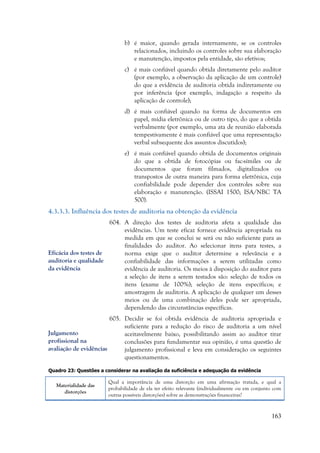 163
b) é maior, quando gerada internamente, se os controles
relacionados, incluindo os controles sobre sua elaboração
e manutenção, impostos pela entidade, são efetivos;
c) é mais confiável quando obtida diretamente pelo auditor
(por exemplo, a observação da aplicação de um controle)
do que a evidência de auditoria obtida indiretamente ou
por inferência (por exemplo, indagação a respeito da
aplicação de controle);
d) é mais confiável quando na forma de documentos em
papel, mídia eletrônica ou de outro tipo, do que a obtida
verbalmente (por exemplo, uma ata de reunião elaborada
tempestivamente é mais confiável que uma representação
verbal subsequente dos assuntos discutidos);
e) é mais confiável quando obtida de documentos originais
do que a obtida de fotocópias ou fac-símiles ou de
documentos que foram filmados, digitalizados ou
transpostos de outra maneira para forma eletrônica, cuja
confiabilidade pode depender dos controles sobre sua
elaboração e manutenção. (ISSAI 1500; ISA/NBC TA
500).
4.3.3.3. Influência dos testes de auditoria na obtenção da evidência
604. A direção dos testes de auditoria afeta a qualidade das
evidências. Um teste eficaz fornece evidência apropriada na
medida em que se conclui se será ou não suficiente para as
finalidades do auditor. Ao selecionar itens para testes, a
norma exige que o auditor determine a relevância e a
confiabilidade das informações a serem utilizadas como
evidência de auditoria. Os meios à disposição do auditor para
a seleção de itens a serem testados são: seleção de todos os
itens (exame de 100%); seleção de itens específicos; e
amostragem de auditoria. A aplicação de qualquer um desses
meios ou de uma combinação deles pode ser apropriada,
dependendo das circunstâncias específicas.
605. Decidir se foi obtida evidência de auditoria apropriada e
suficiente para a redução do risco de auditoria a um nível
aceitavelmente baixo, possibilitando assim ao auditor tirar
conclusões para fundamentar sua opinião, é uma questão de
julgamento profissional e leva em consideração os seguintes
questionamentos.
Quadro 23: Questões a considerar na avaliação da suficiência e adequação da evidência
Materialidade das
distorções
Qual a importância de uma distorção em uma afirmação tratada, e qual a
probabilidade de ela ter efeito relevante (individualmente ou em conjunto com
outras possíveis distorções) sobre as demonstrações financeiras?
Eficácia dos testes de
auditoria e qualidade
da evidência
Julgamento
profissional na
avaliação de evidências
 