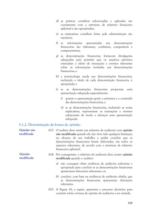 168
d) as práticas contábeis selecionadas e aplicadas são
consistentes com a estrutura de relatório financeiro
aplicável e são apropriadas;
e) as estimativas contábeis feitas pela administração são
razoáveis;
f) as informações apresentadas nas demonstrações
financeiras são relevantes, confiáveis, comparáveis e
compreensíveis;
g) as demonstrações financeiras fornecem divulgações
adequadas para permitir que os usuários previstos
entendam o efeito de transações e eventos relevantes
sobre as informações incluídas nas demonstrações
financeiras; e
h) a terminologia usada nas demonstrações financeiras,
incluindo o título de cada demonstração financeira, é
apropriada; e
i) se as demonstrações financeiras propiciam uma
apresentação adequada especialmente:
i) quanto a apresentação geral, a estrutura e o conteúdo
das demonstrações financeiras; e
ii) se as demonstrações financeiras, incluindo as notas
explicativas, representam as transações e eventos
subjacentes de modo a alcançar uma apresentação
adequada.
5.1.2. Determinação da forma de opinião
623. O auditor deve emitir um relatório de auditoria com opinião
não modificada quando ele não tiver tido qualquer limitação
no alcance de seu trabalho e puder concluir que as
demonstrações financeiras foram elaboradas, em todos os
aspectos relevantes, de acordo com a estrutura de relatório
financeiro aplicável.
624. Por conseguinte, o relatório de auditoria deve conter opinião
modificada quando o auditor:
a) não conseguir obter evidência de auditoria suficiente e
apropriada para concluir se as demonstrações financeiras
apresentam distorções relevantes; ou
b) concluir, com base na evidência de auditoria obtida, que
as demonstrações financeiras apresentam distorções
relevantes.
625. A Figura 16, a seguir, apresenta o processo decisório para
concluir sobre a forma de opinião de auditoria a ser emitida.
Opinião não
modificada
Opinião
modificada
 
