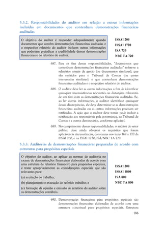 186
5.3.2. Responsabilidades do auditor em relação a outras informações
incluídas em documentos que contenham demonstrações financeiras
auditadas
O objetivo do auditor é responder adequadamente quando
documentos que contêm demonstrações financeiras auditadas e
o respectivo relatório do auditor incluem outras informações
que poderiam prejudicar a credibilidade dessas demonstrações
financeiras e do relatório do auditor.
ISSAI 200
ISSAI 1720
ISA 720
NBC TA 720
687. Para os fins dessas responsabilidades, “documentos que
contenham demonstrações financeiras auditadas” refere-se a
relatórios anuais de gestão (ou documentos similares), que
são emitidos para o Tribunal de Contas (ou partes
interessadas similares), e que contenham demonstrações
financeiras auditadas e o respectivo relatório do auditor.
688. O auditor deve ler as outras informações a fim de identificar
quaisquer inconsistências relevantes ou distorções relevantes
de um fato com as demonstrações financeiras auditadas. Se,
ao ler outras informações, o auditor identificar quaisquer
dessas discrepâncias, ele deve determinar se as demonstrações
financeiras auditadas ou as outras informações precisam ser
retificadas. A ação que o auditor deve tomar pode incluir a
notificação aos responsáveis pela governança, ao Tribunal de
Contas e a outros destinatários, conforme aplicável.
689. No cumprimento dessas responsabilidades, o auditor do setor
público deve ainda observar os requisitos que forem
aplicáveis às circunstâncias, constantes nos itens 169 a 170 da
ISSAI 200, e na ISSAI 1720; ISA/NBC TA 720.
5.3.3. Auditorias de demonstrações financeiras preparadas de acordo com
estruturas para propósitos especiais
O objetivo do auditor, ao aplicar as normas de auditoria no
exame de demonstrações financeiras elaboradas de acordo com
uma estrutura de relatório financeiro para propósitos especiais,
é tratar apropriadamente as considerações especiais que são
relevantes para:
(a) aceitação do trabalho;
(b) planejamento e execução do referido trabalho; e
(c) formação da opinião e emissão do relatório do auditor sobre
as demonstrações contábeis.
ISSAI 200
ISSAI 1800
ISA 800
NBC TA 800
690. Demonstrações financeiras para propósitos especiais são
demonstrações financeiras elaboradas de acordo com uma
estrutura conceitual para propósitos especiais. Estrutura
 