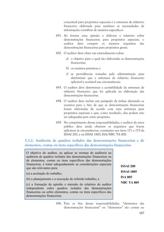 187
conceitual para propósitos especiais é a estrutura de relatório
financeiro elaborada para satisfazer as necessidades de
informações contábeis de usuários específicos.
691. Ao formar uma opinião e elaborar o relatório sobre
demonstrações financeiras para propósitos especiais, o
auditor deve cumprir os mesmos requisitos das
demonstrações financeiras para propósitos gerais.
692. O auditor deve obter um entendimento sobre:
a) o objetivo para o qual são elaboradas as demonstrações
financeiras;
b) os usuários previstos; e
c) as providências tomadas pela administração para
determinar que a estrutura de relatório financeiro
aplicável é aceitável nas circunstâncias.
693. O auditor deve determinar a aceitabilidade da estrutura de
relatório financeiro que foi aplicada na elaboração das
demonstrações financeiras.
694. O auditor deve incluir um parágrafo de ênfase alertando os
usuários para o fato de que as demonstrações financeiras
foram elaboradas de acordo com uma estrutura para
propósitos especiais e que, como resultado, elas podem não
ser adequadas para outro propósito.
695. No cumprimento dessas responsabilidades, o auditor do setor
público deve ainda observar os requisitos que forem
aplicáveis às circunstâncias, constantes nos itens 171 a 175 da
ISSAI 200, e na ISSAI 1800; ISA/NBC TA 800.
5.3.2. Auditoria de quadros isolados das demonstrações financeiras e de
elementos, contas ou itens específicos das demonstrações financeiras
O objetivo do auditor, ao aplicar as normas de auditoria na
auditoria de quadros isolados das demonstrações financeiras ou
de elementos, contas ou itens específicos das demonstrações
financeiras, é tratar adequadamente as considerações especiais
que são relevantes para:
(a) a aceitação do trabalho;
(b) o planejamento e a execução do referido trabalho; e
(c) a formação da opinião e emissão do relatório do auditor
independente sobre quadros isolados das demonstrações
financeiras ou sobre elementos, contas ou itens específicos das
demonstrações financeiras.
ISSAI 200
ISSAI 1805
ISA 805
NBC TA 805
696. Para os fins dessas responsabilidades, “elementos das
demonstrações financeiras” ou “elementos” são contas ou
 
